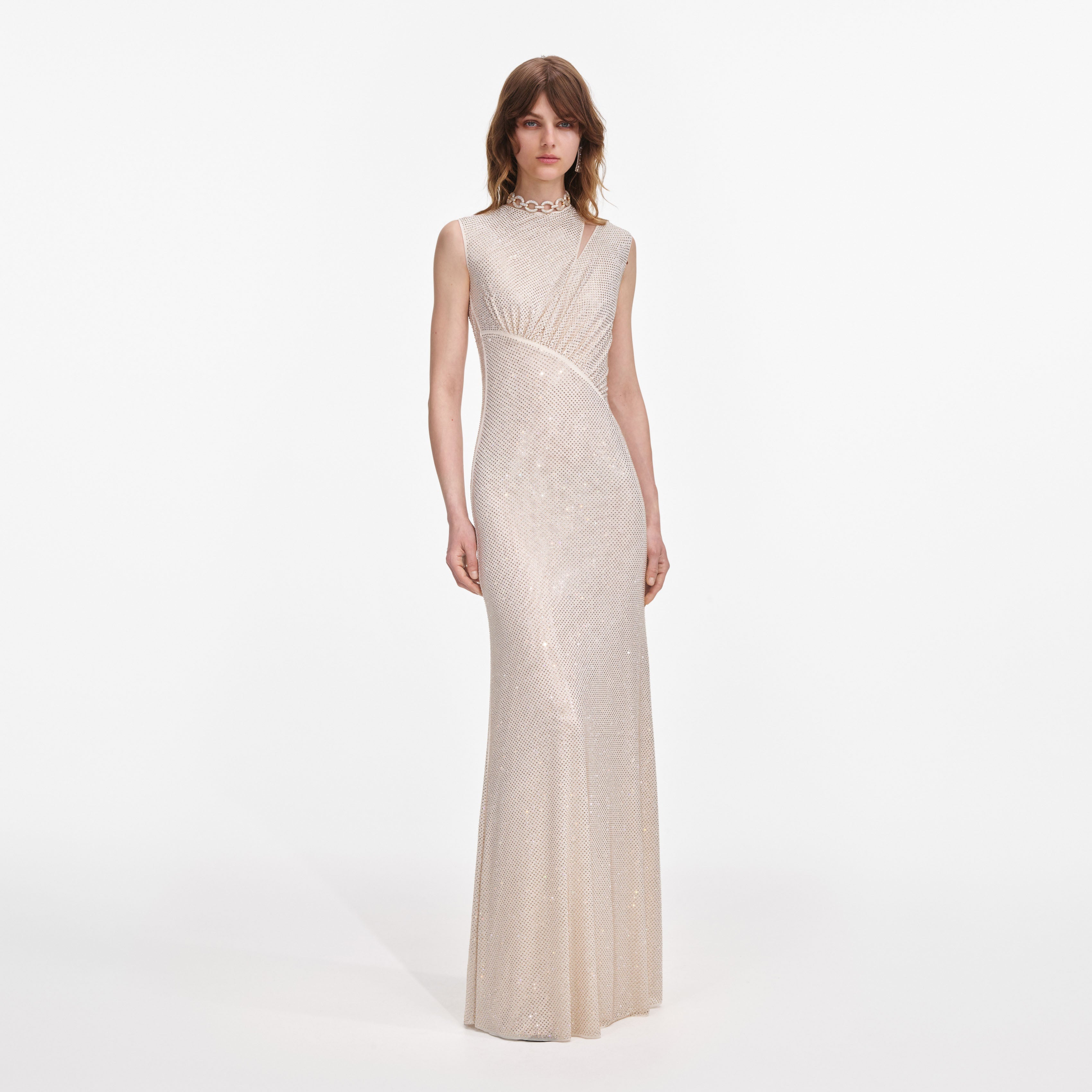 Champagne Rhinestone Cut Out Maxi Dress