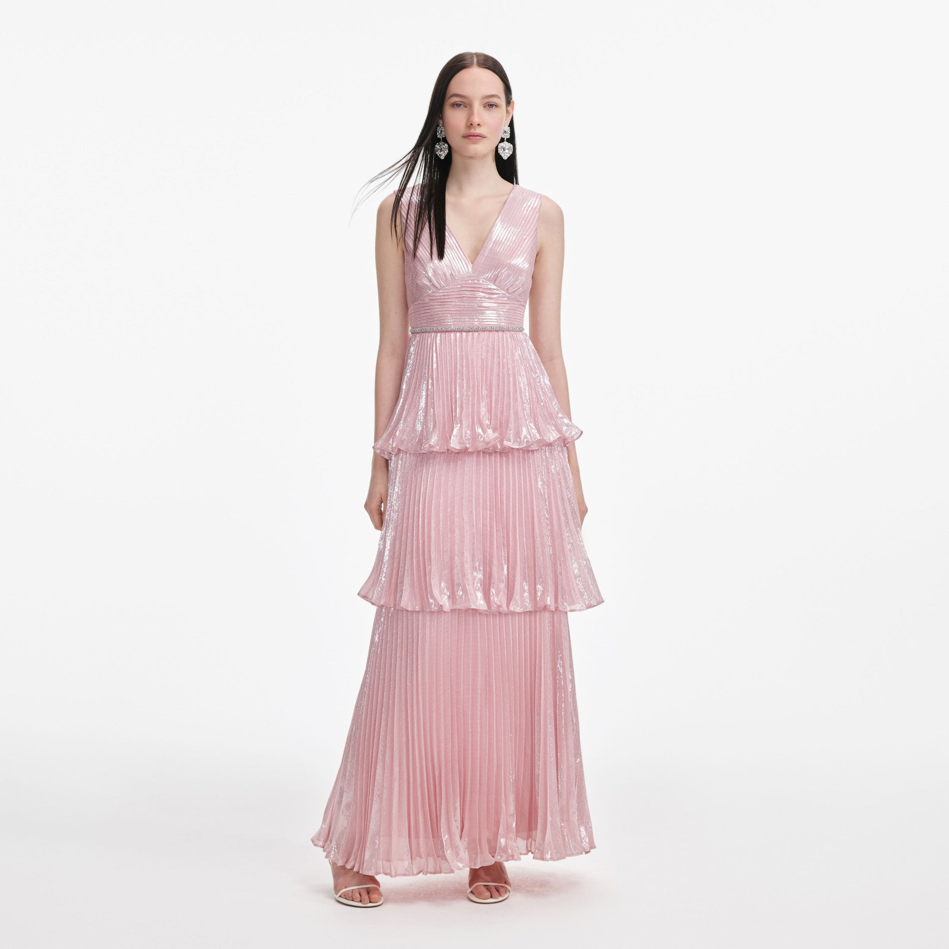 Front view of a woman wearing the Pink Metallic Tiered Maxi Dress