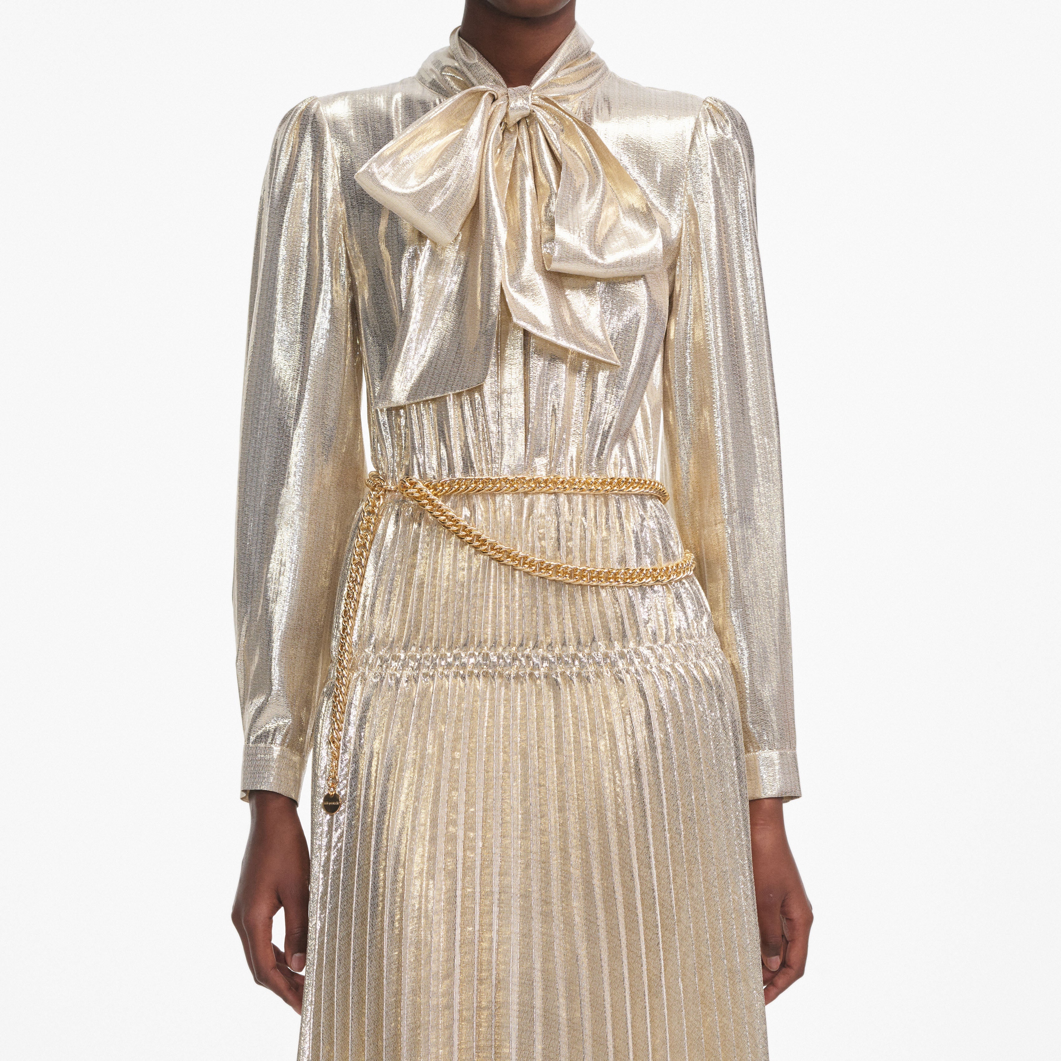 Gold Metallic Tie Neck Midi Dress