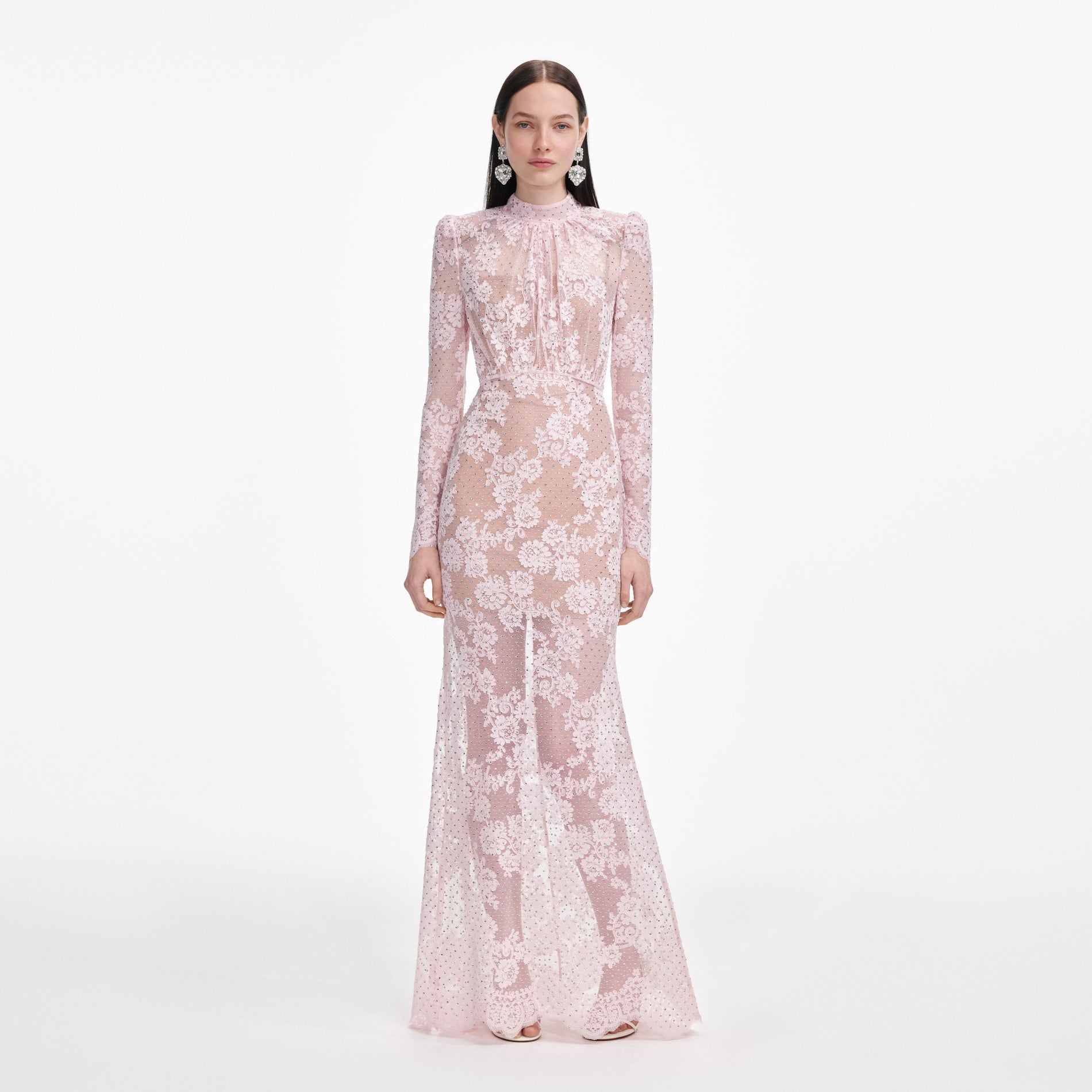 Front view of a woman wearing the Pale Pink Rhinestone Lace Maxi Dress