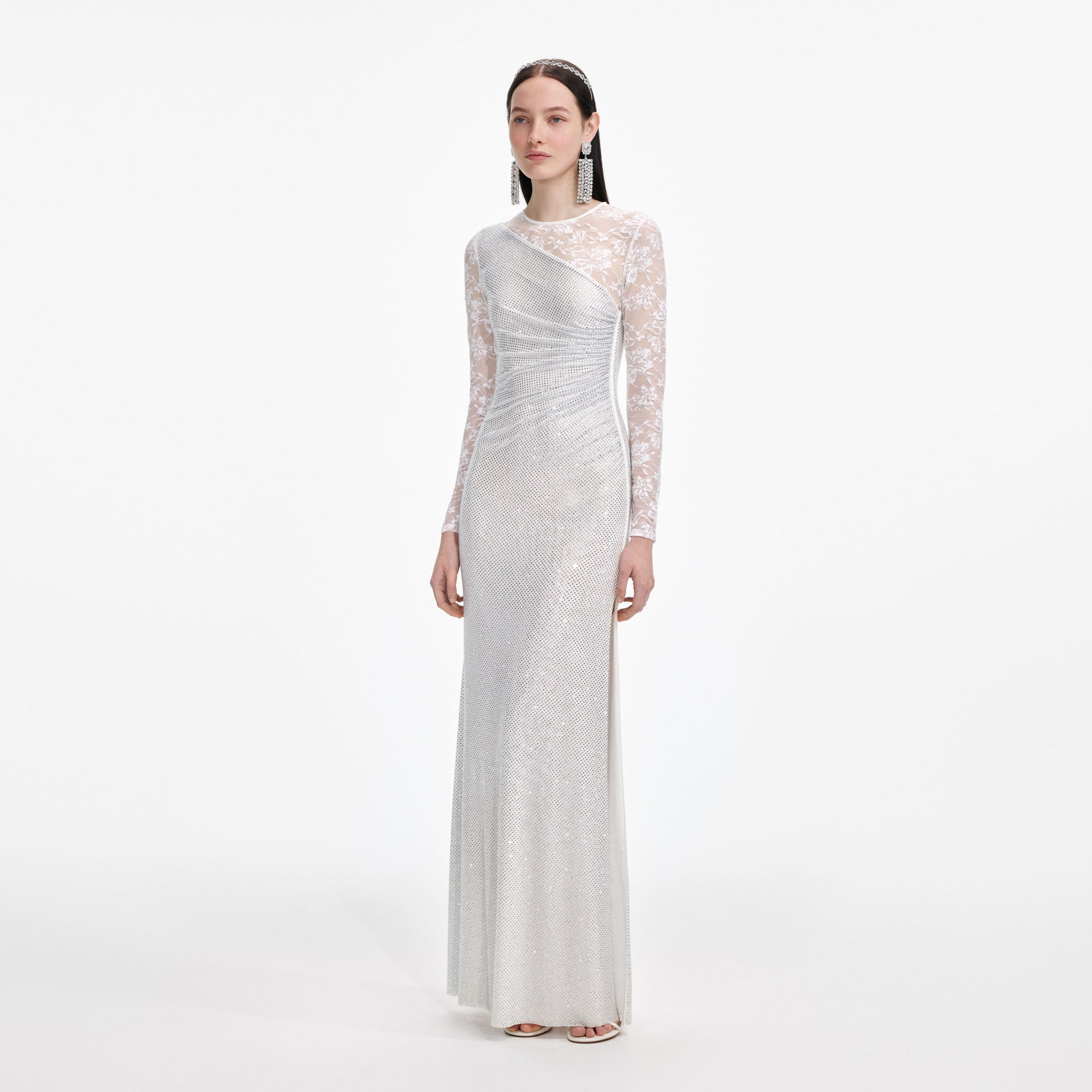 White Rhinestone Lace Sleeves Maxi Dress