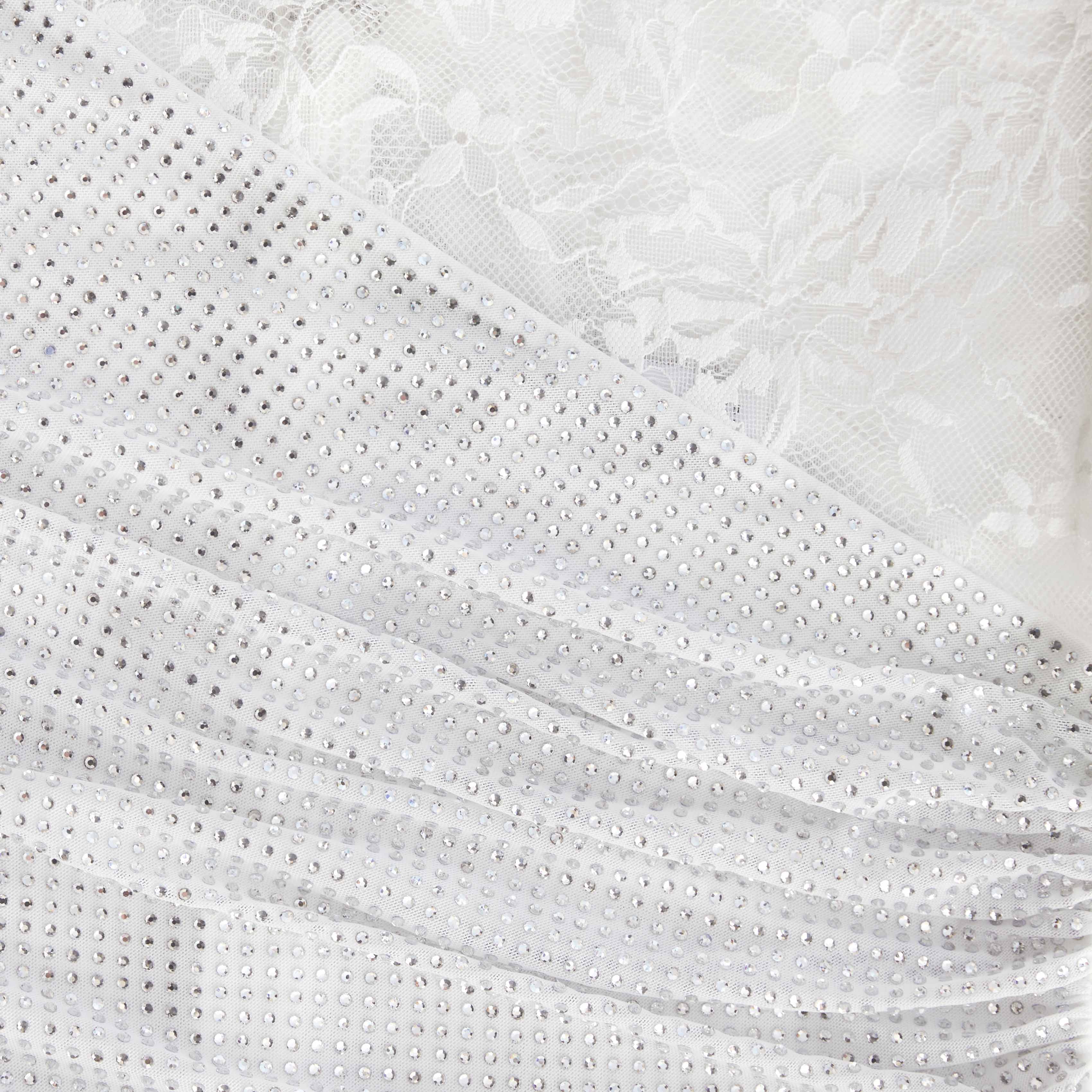 White Rhinestone Lace Sleeves Maxi Dress