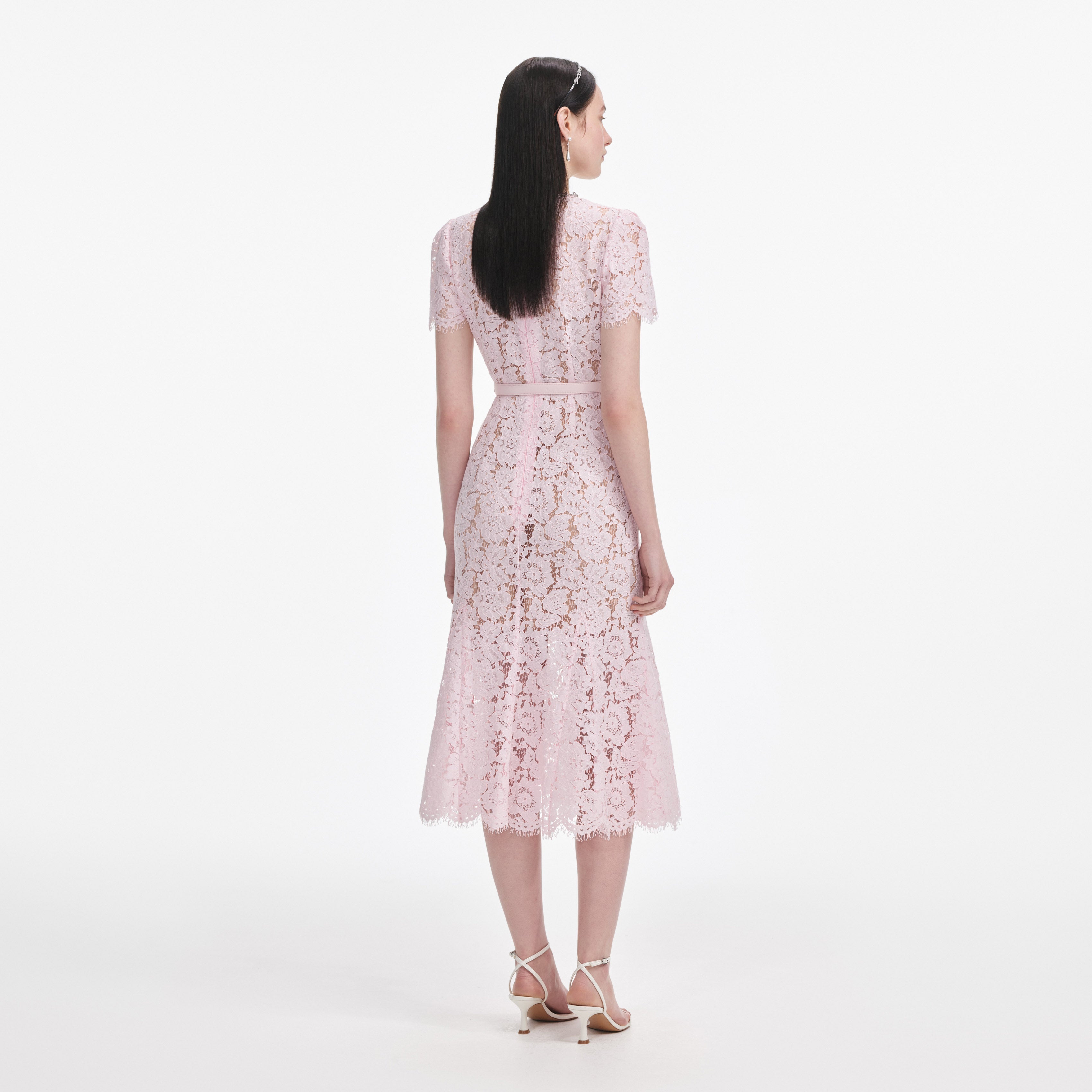 Pink Lace Bow Trim Midi Dress