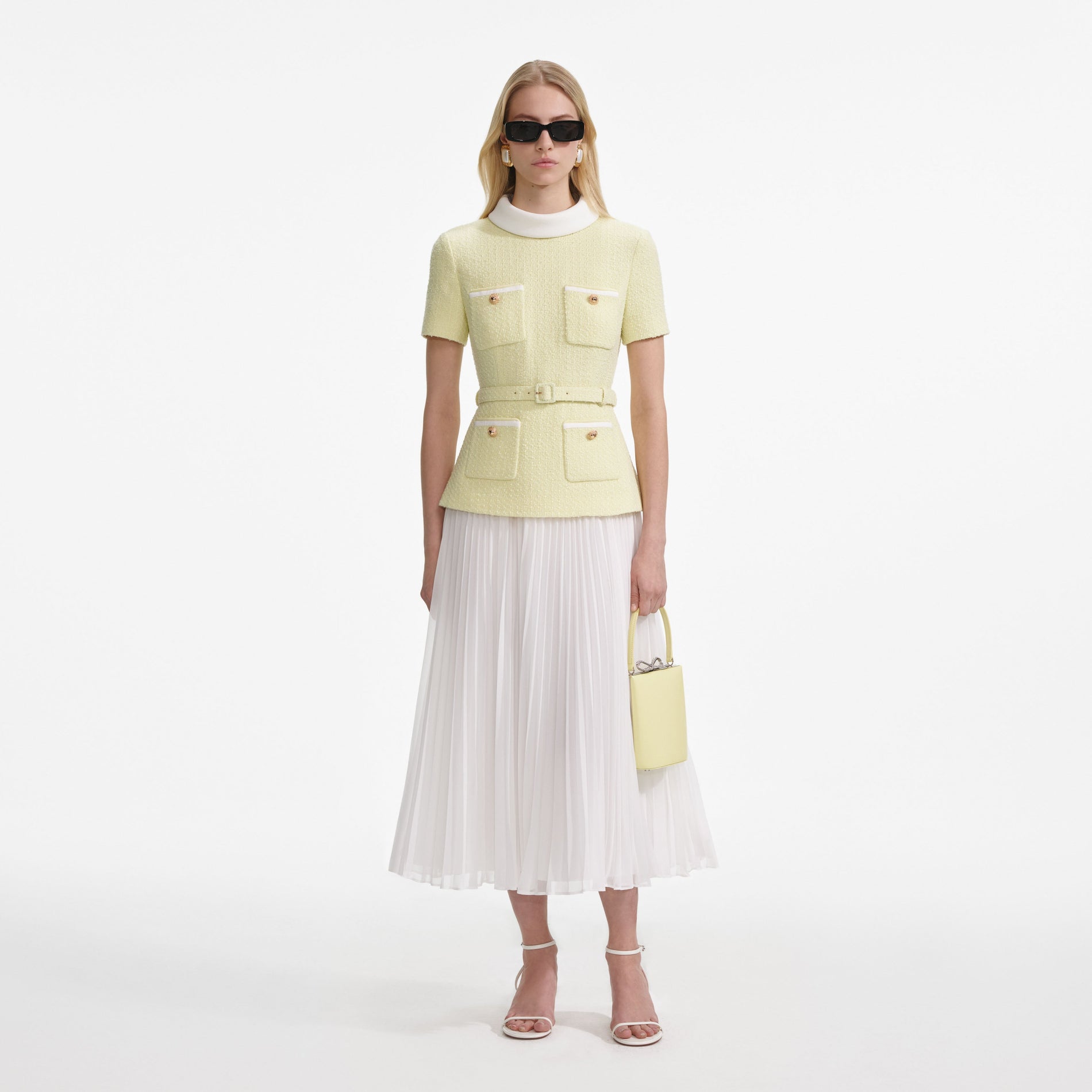 Front view of a woman wearing the Yellow Boucle Midi Dress