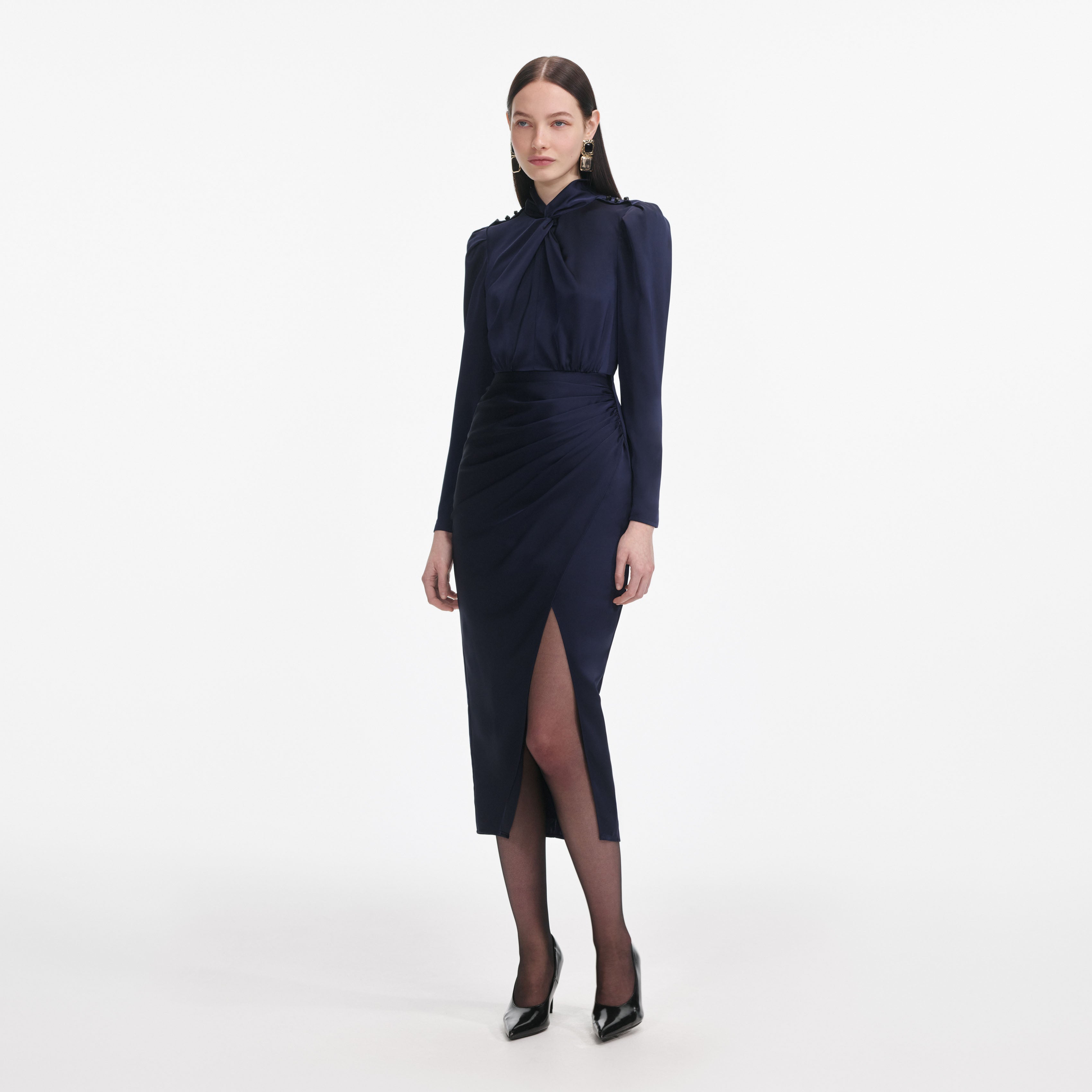 Navy Satin Midi Dress