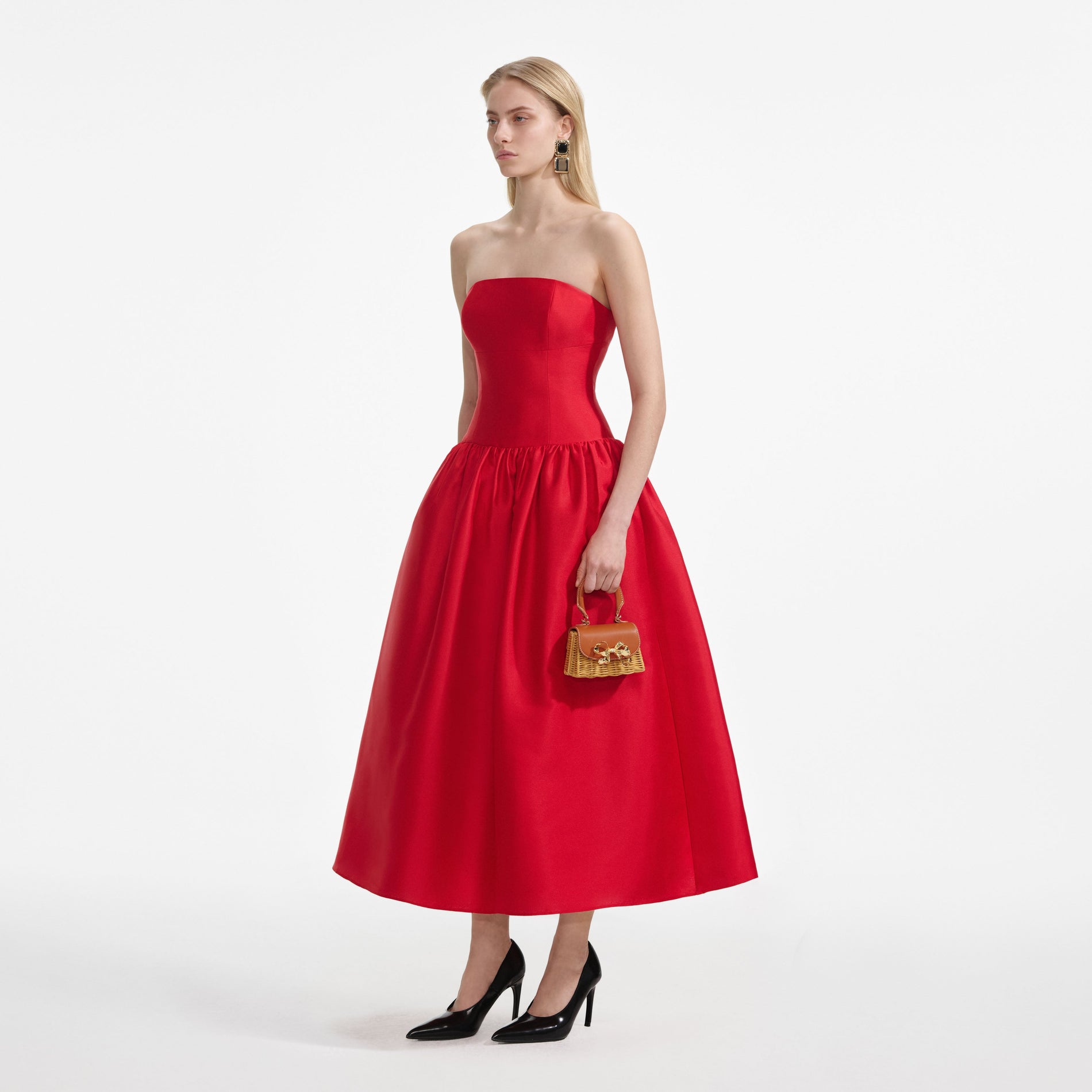 Side view of a woman wearing the Red Taffeta Midi Dress