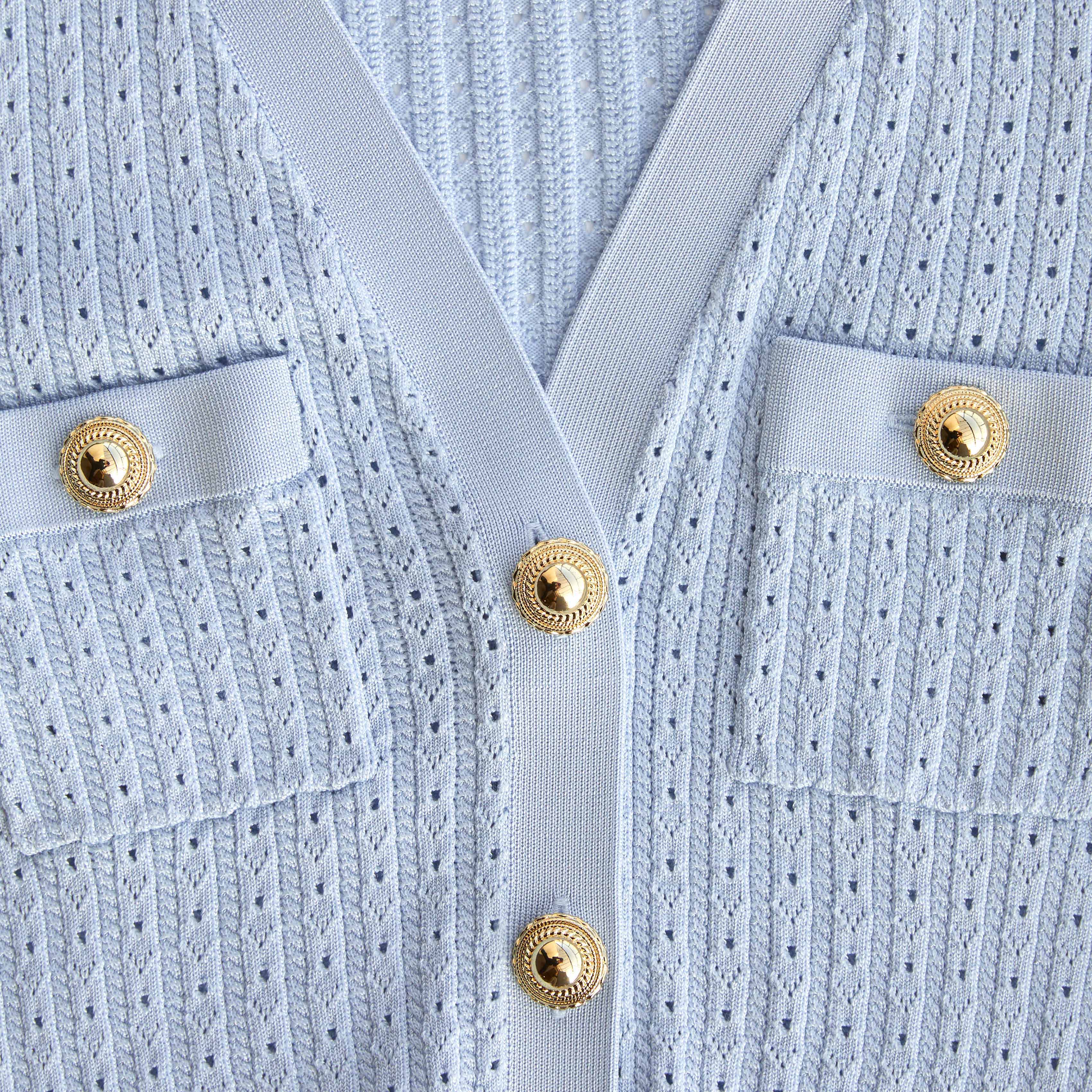 Blue Pointelle Peplum Knit Midi Dress