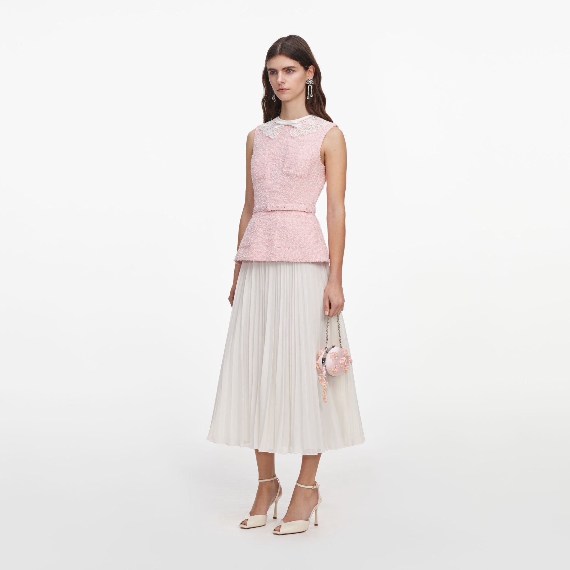 Side view of a woman wearing the Pink Boucle Lace Collar Midi Dress