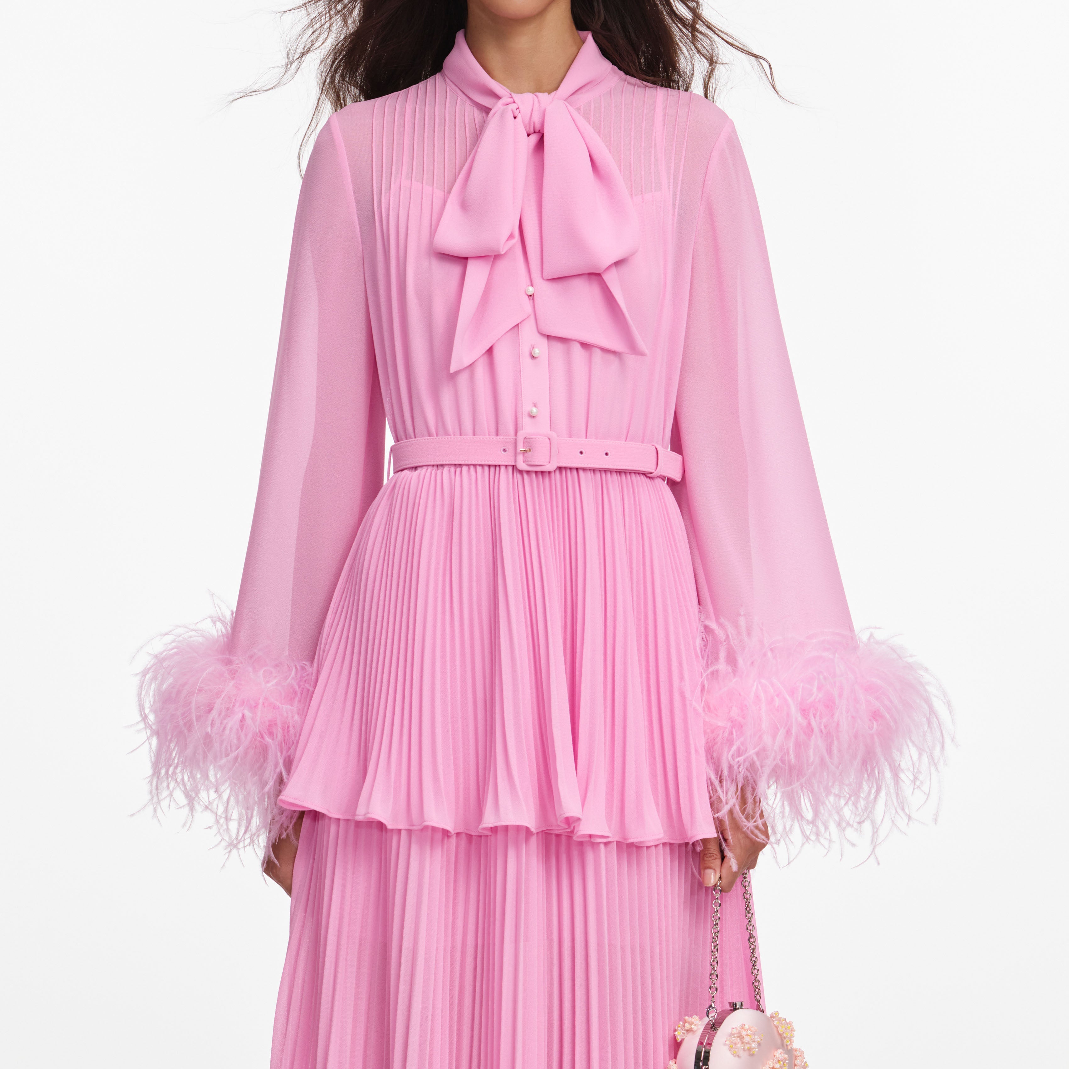 Pink Georgette Feather Cuff Maxi Dress