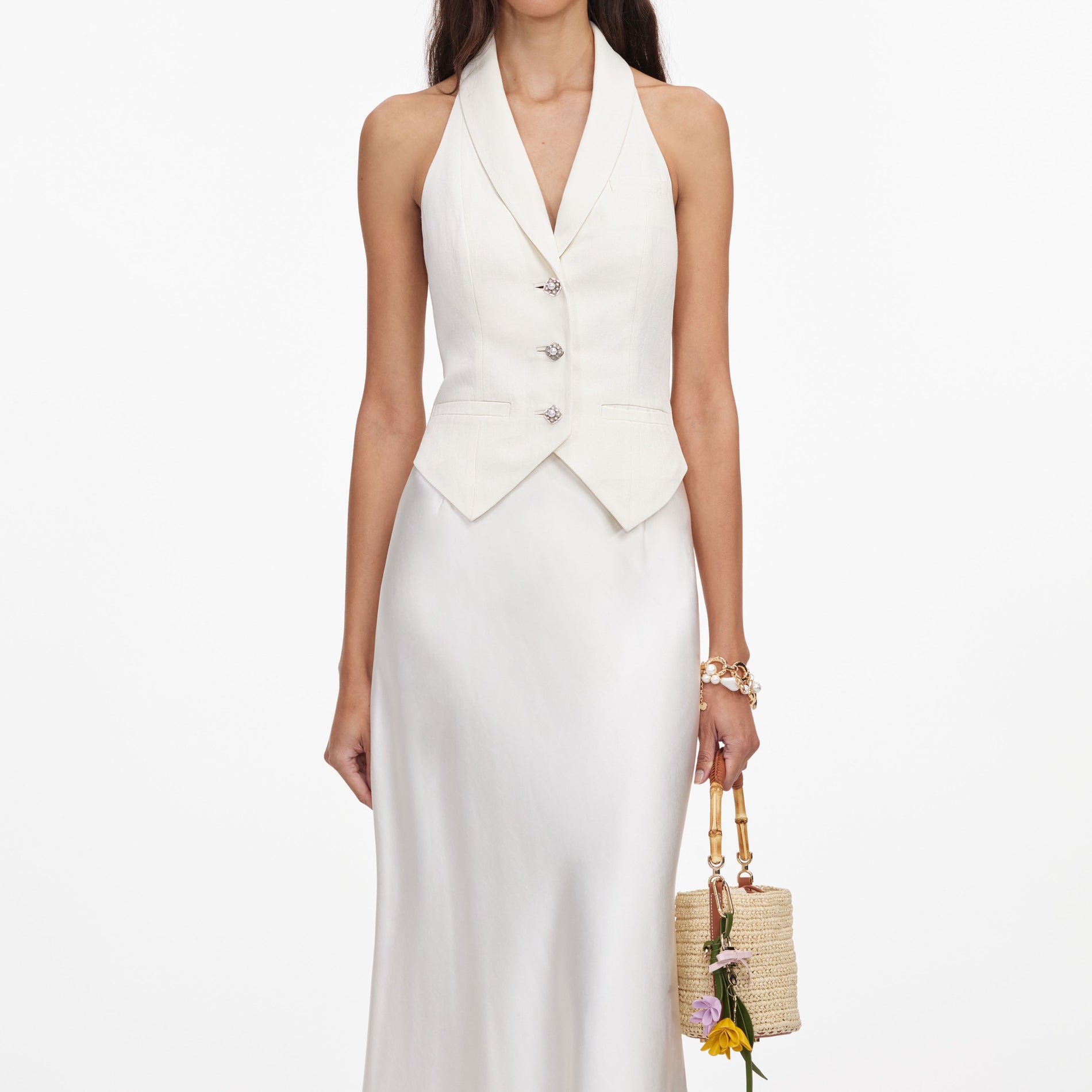 A close up of a woman wearing the Cream Linen Blend Satin Midi Dress