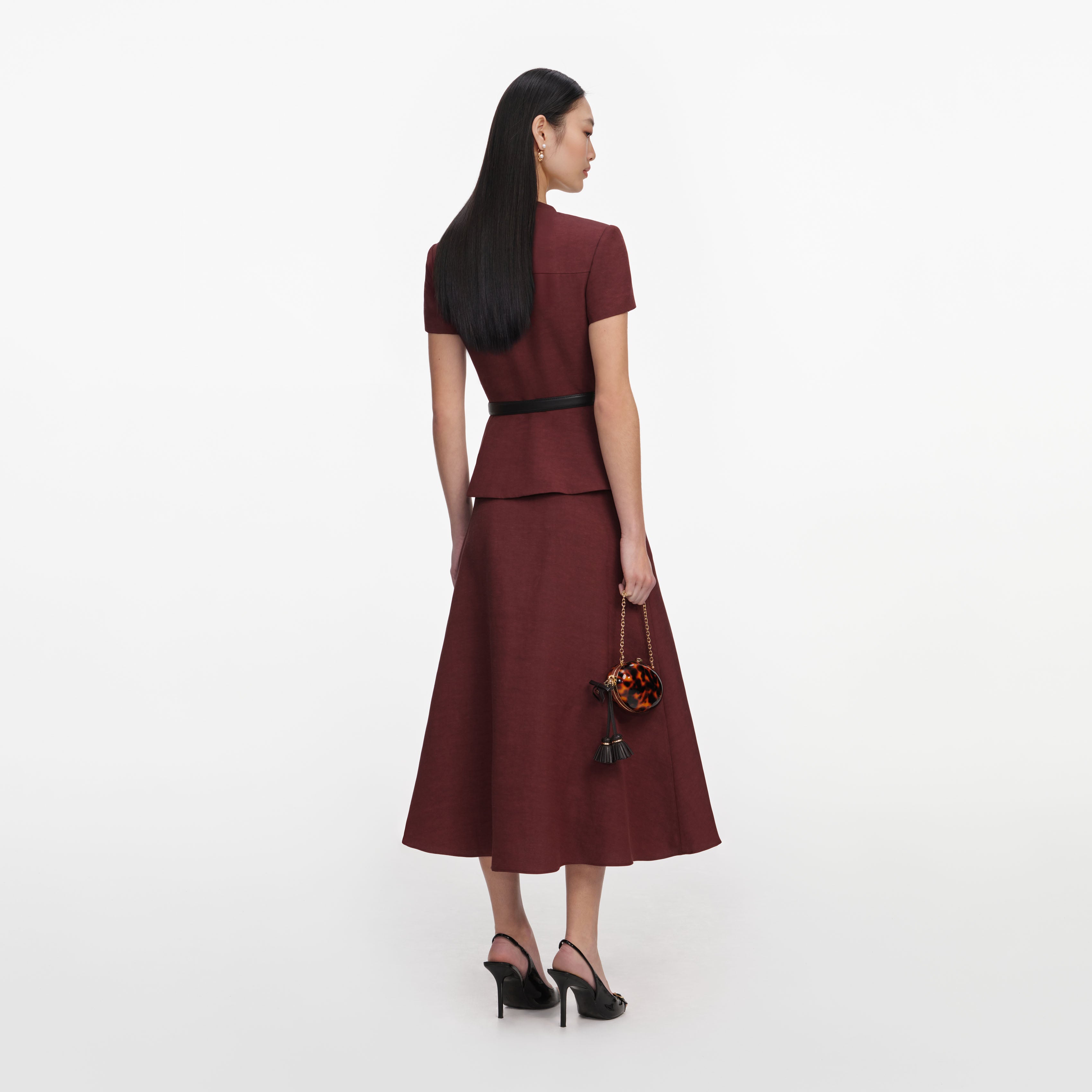Brown Peplum Linen Blend Midi Dress