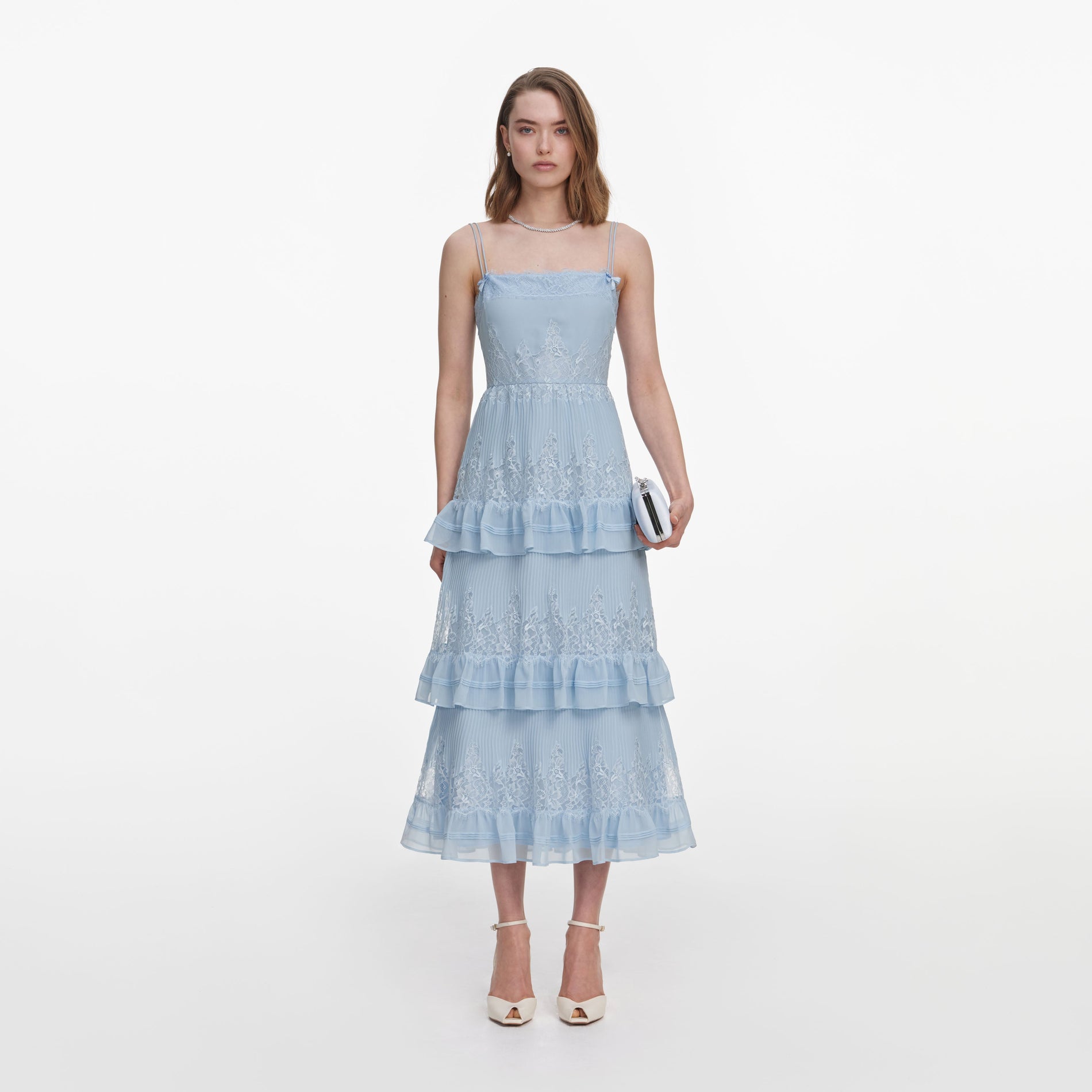 Front view of a woman wearing the Blue Chiffon Lace Tiered Midi Dress