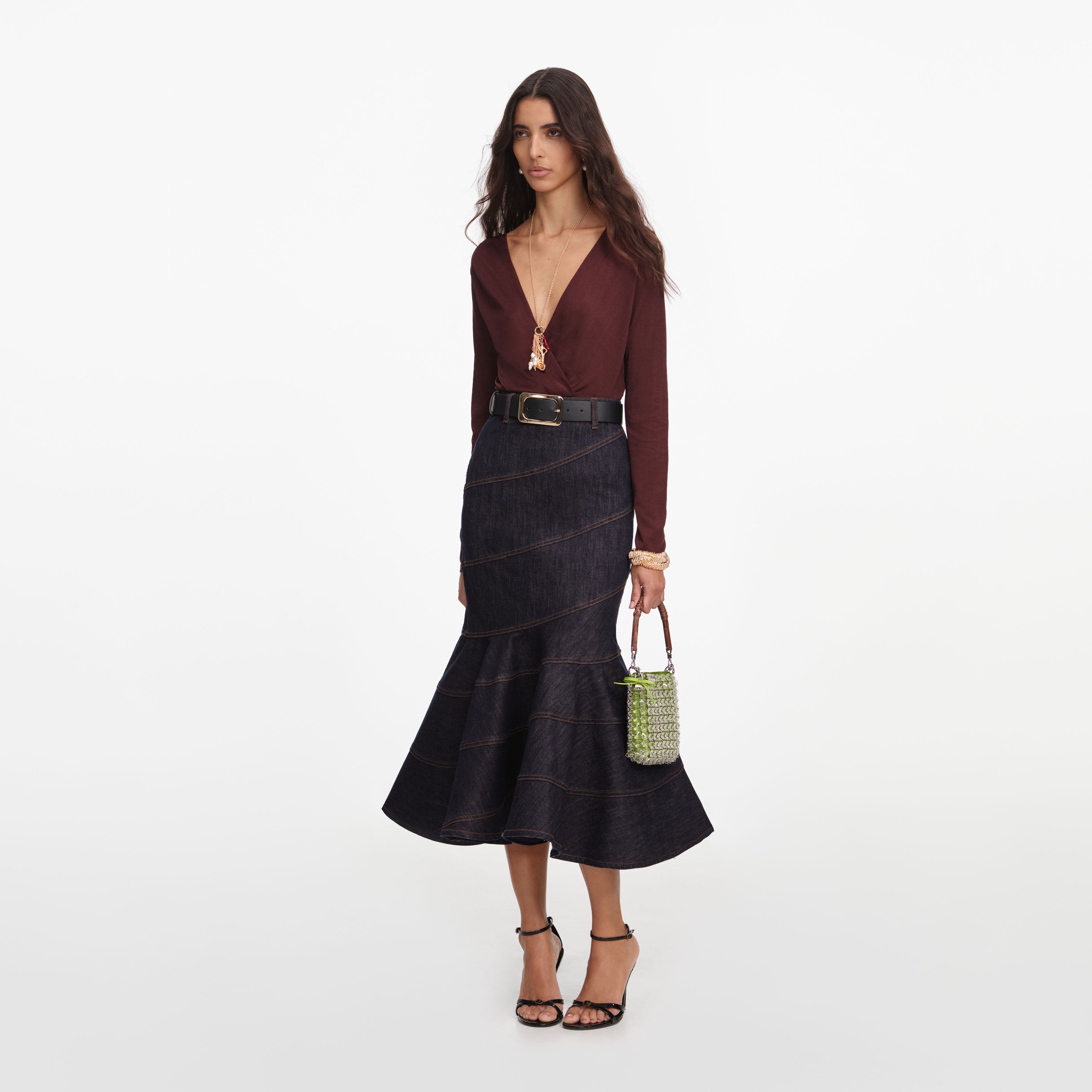 Indigo Denim Belted Midi Skirt