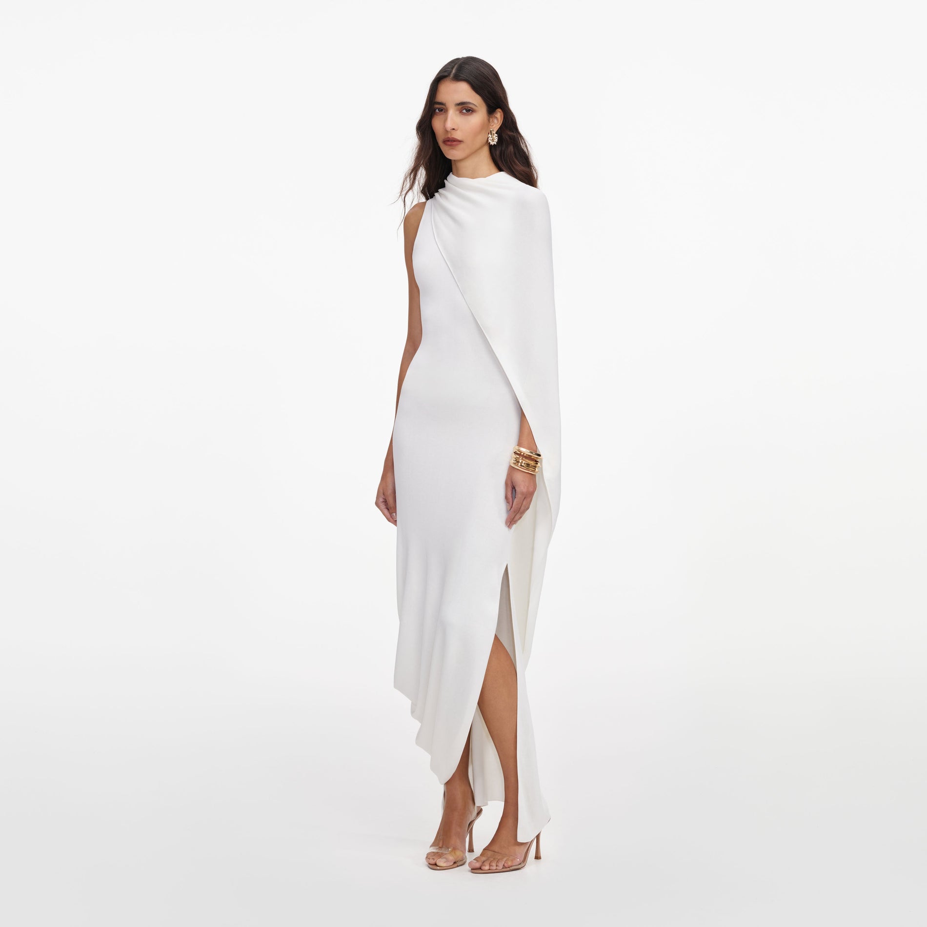 White Viscose Knit Drape Maxi Dress