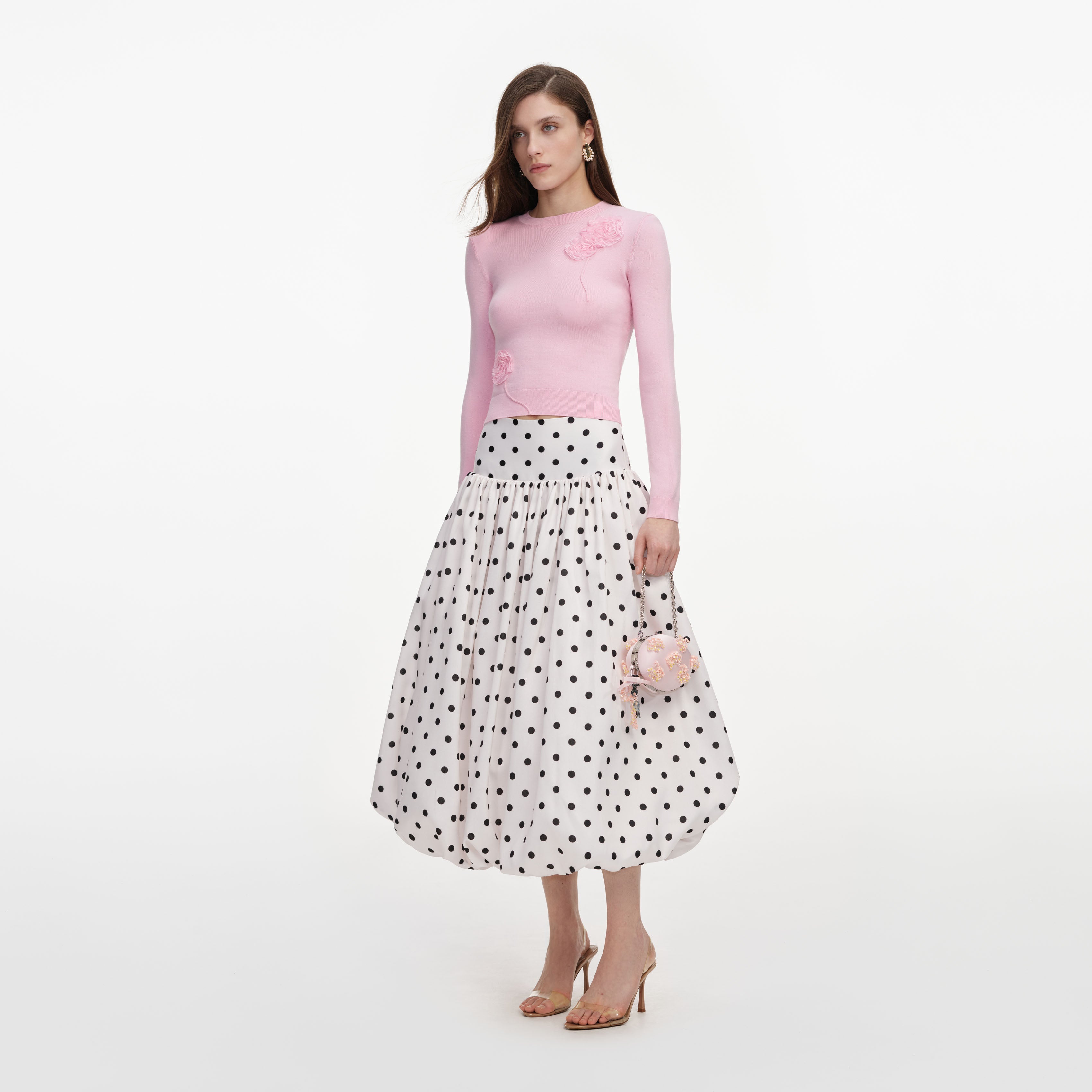 Cream Polka Dot Taffeta Midi Skirt