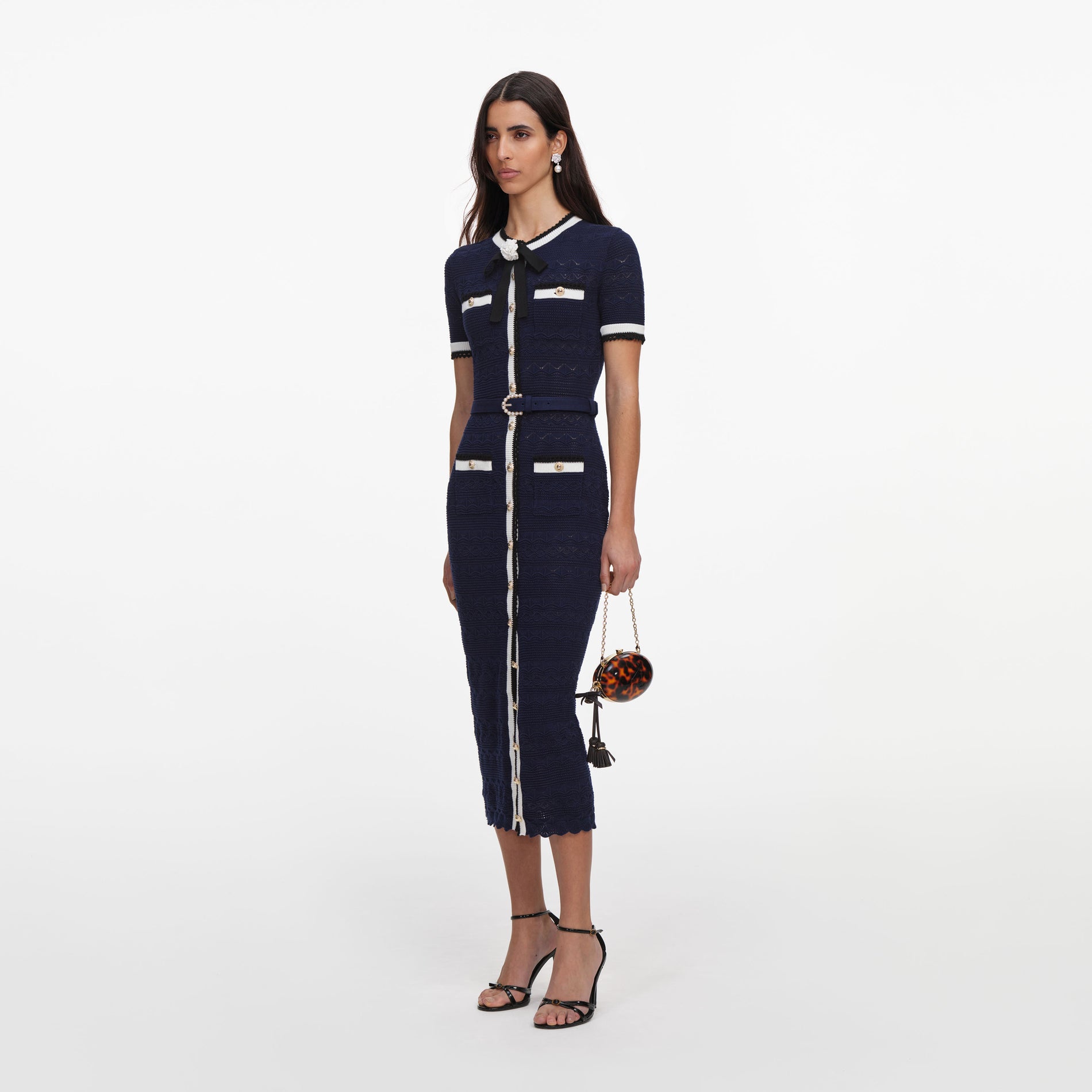 Navy Pointelle Knit Midi Dress