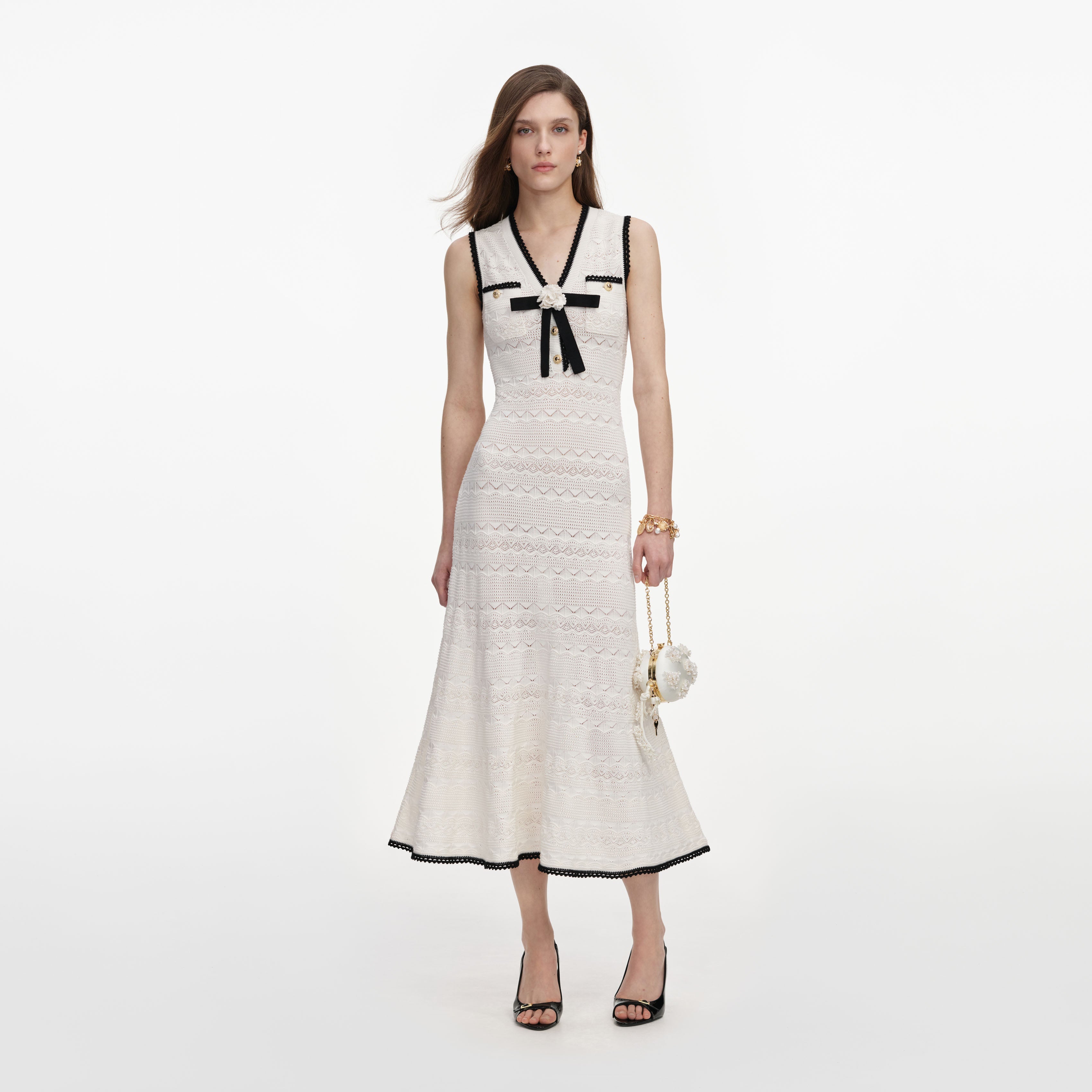 White Pointelle Knit Bow Midi Dress