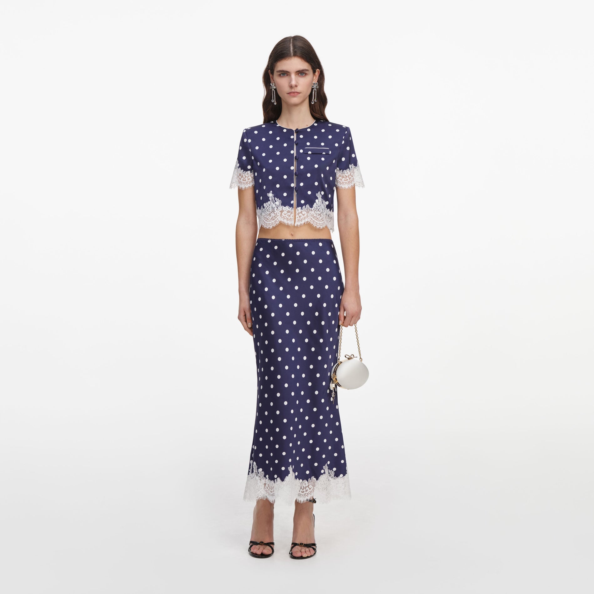 Navy Polka Dot Satin Midi Skirt