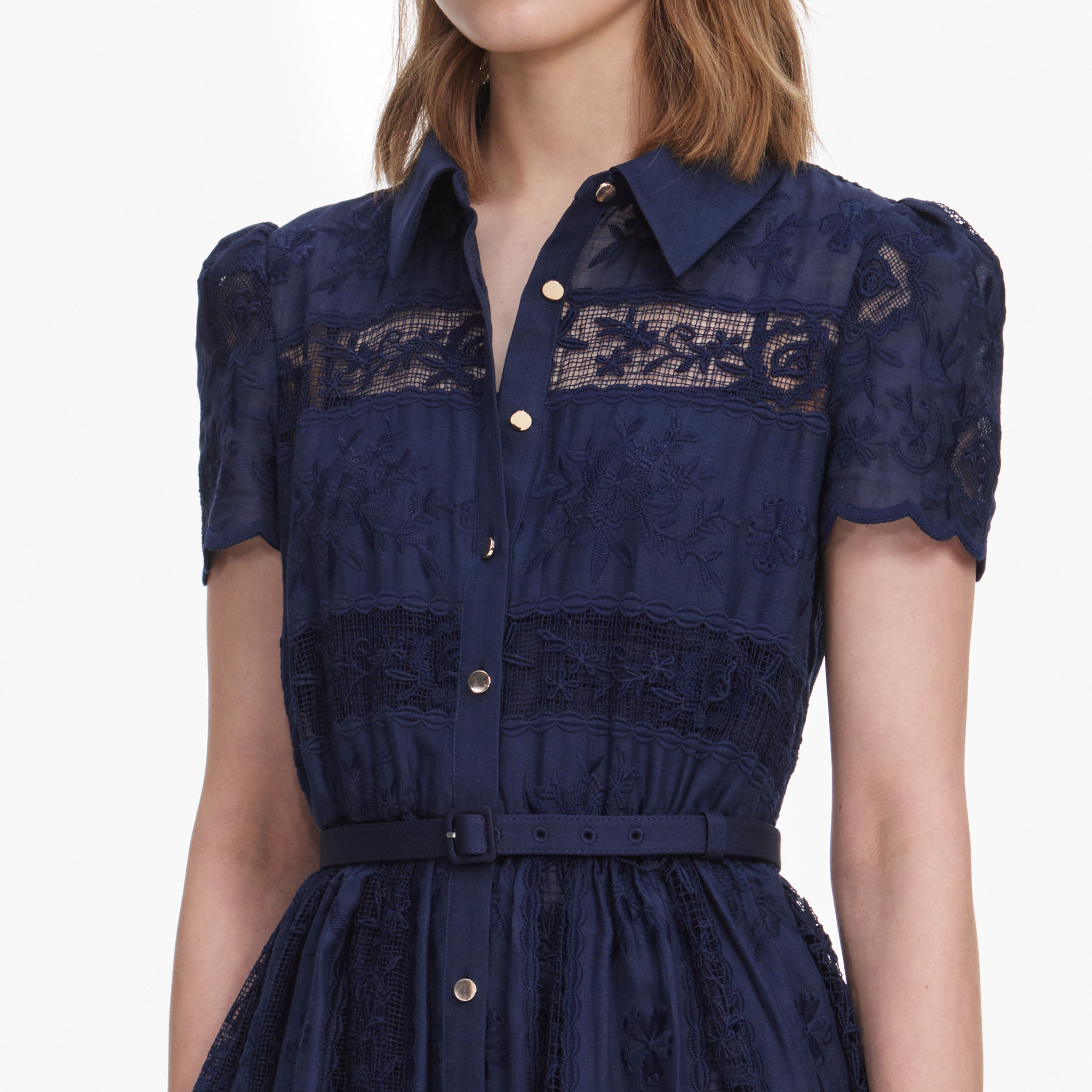 Navy Ramie Collared Midi Dress