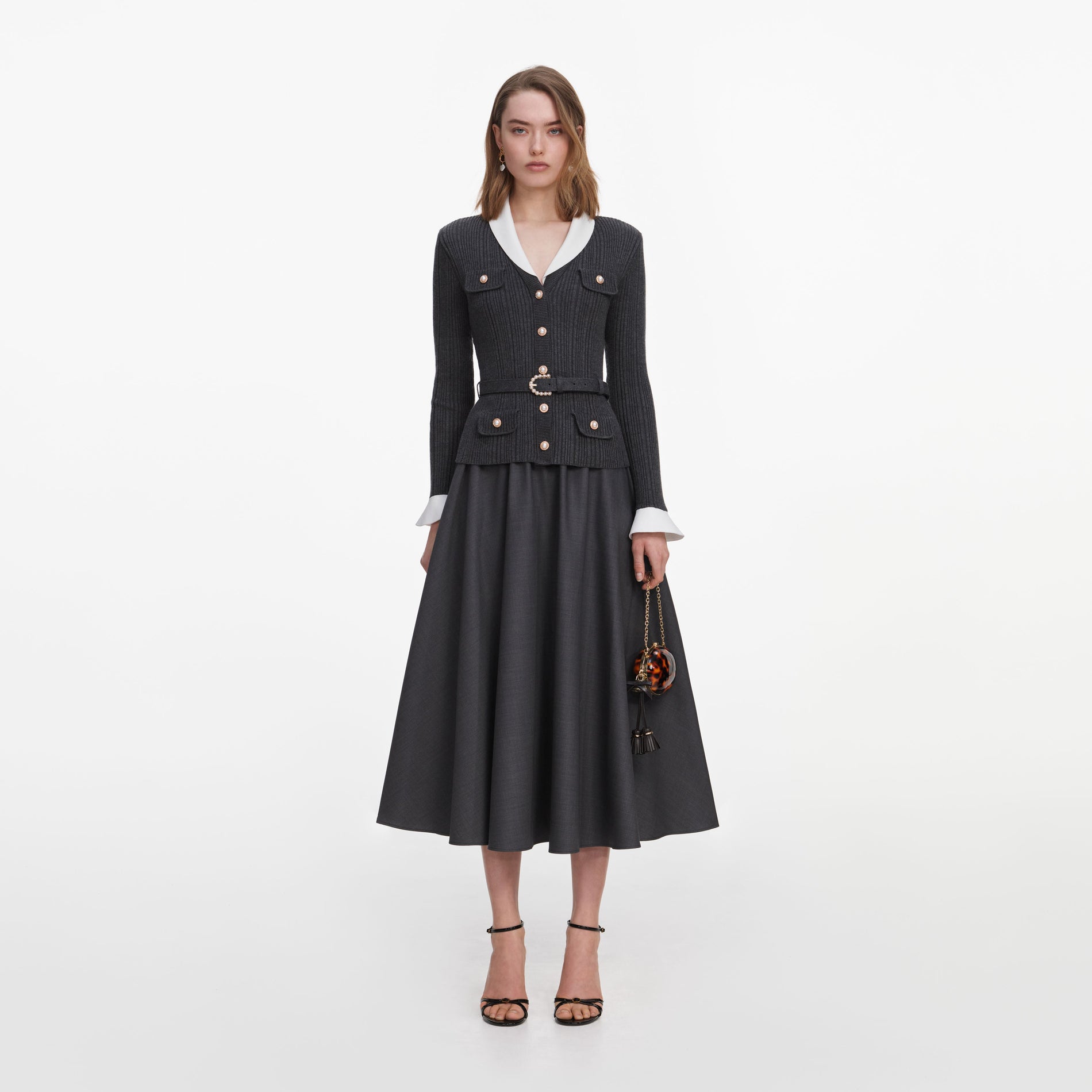 Front view of a woman wearing the Grey Knit Twill Midi Dress