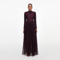 Burgundy Rhinestone Long Sleeve Maxi Dress