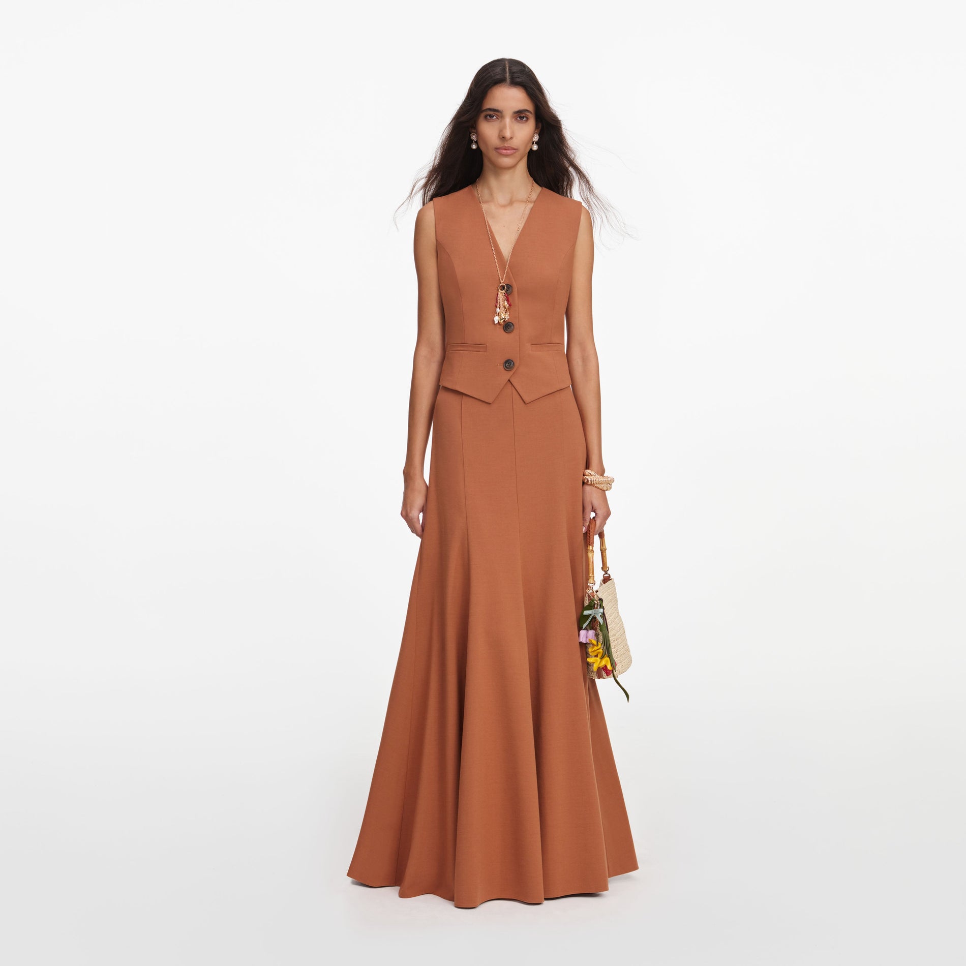 Front view of a woman wearing the Brown Twill Sleeveless Maxi Dress