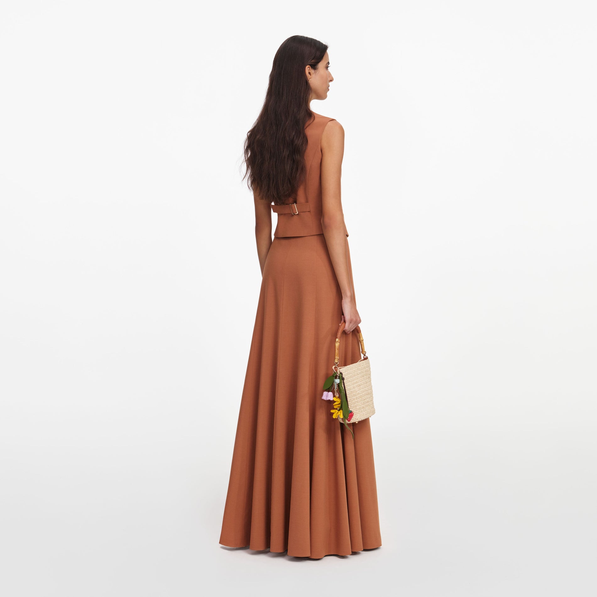 Back view of a woman wearing the Brown Twill Sleeveless Maxi Dress