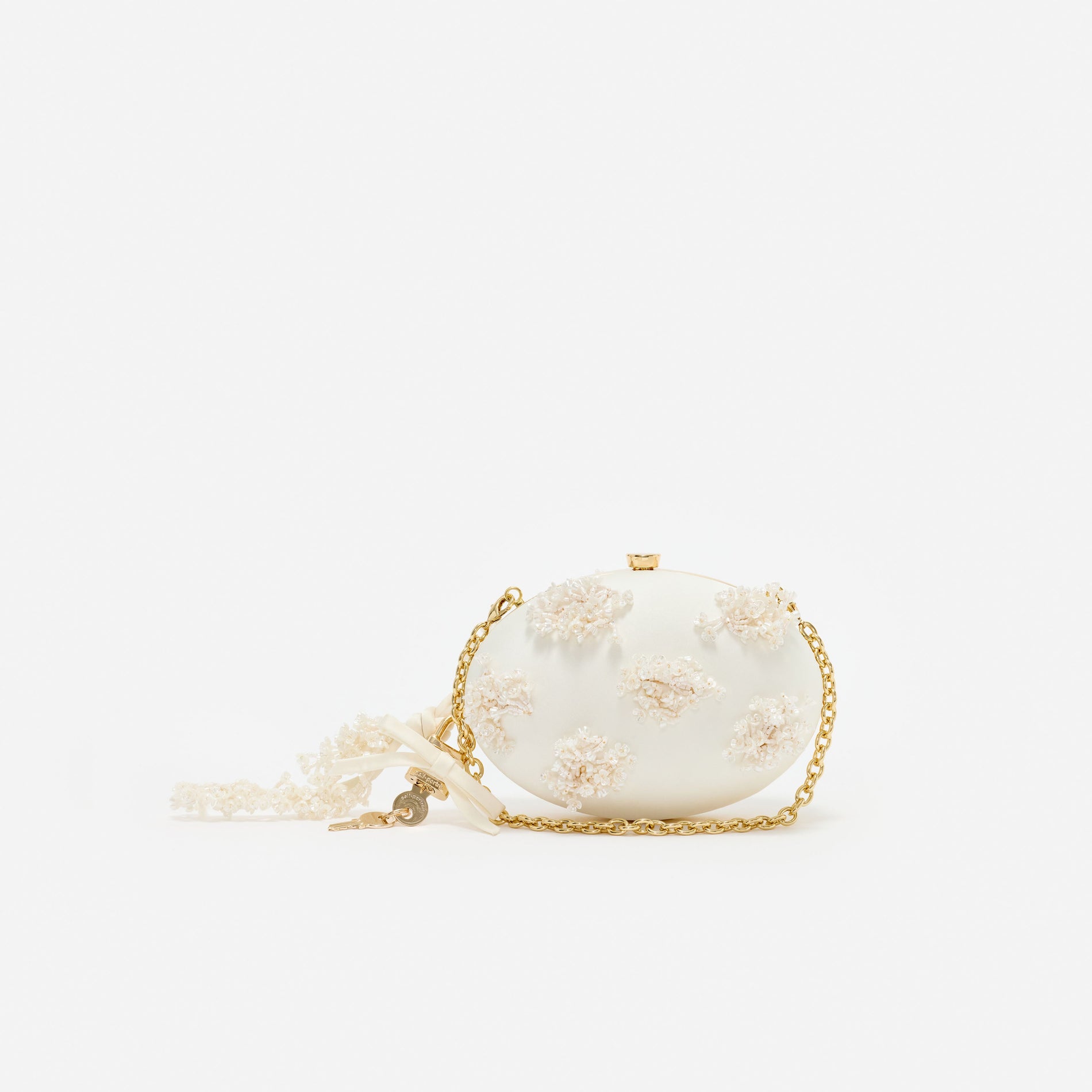 Cream Satin Floral Beaded Oval Clutch