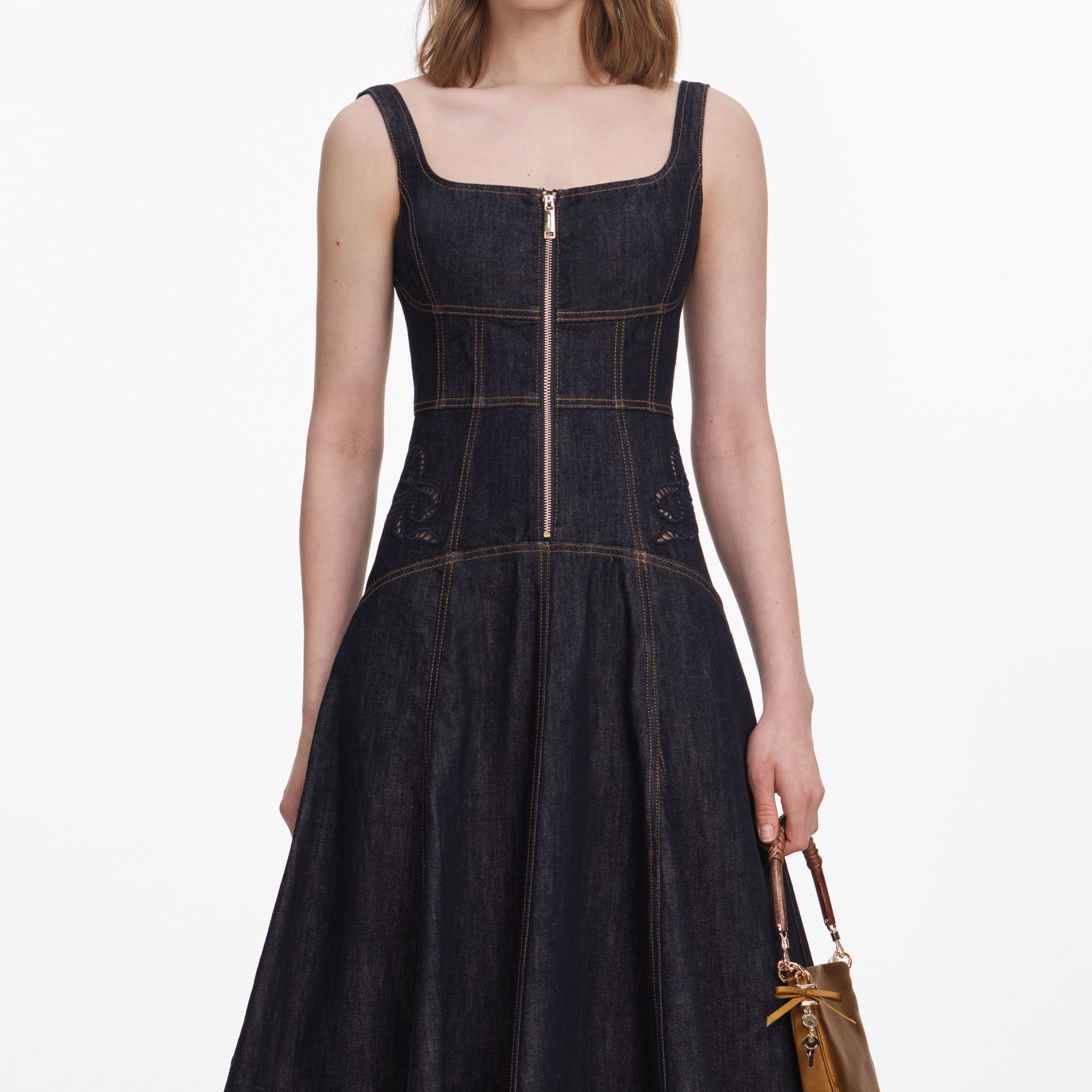 Indigo Denim Bow Embroidered Midi Dress