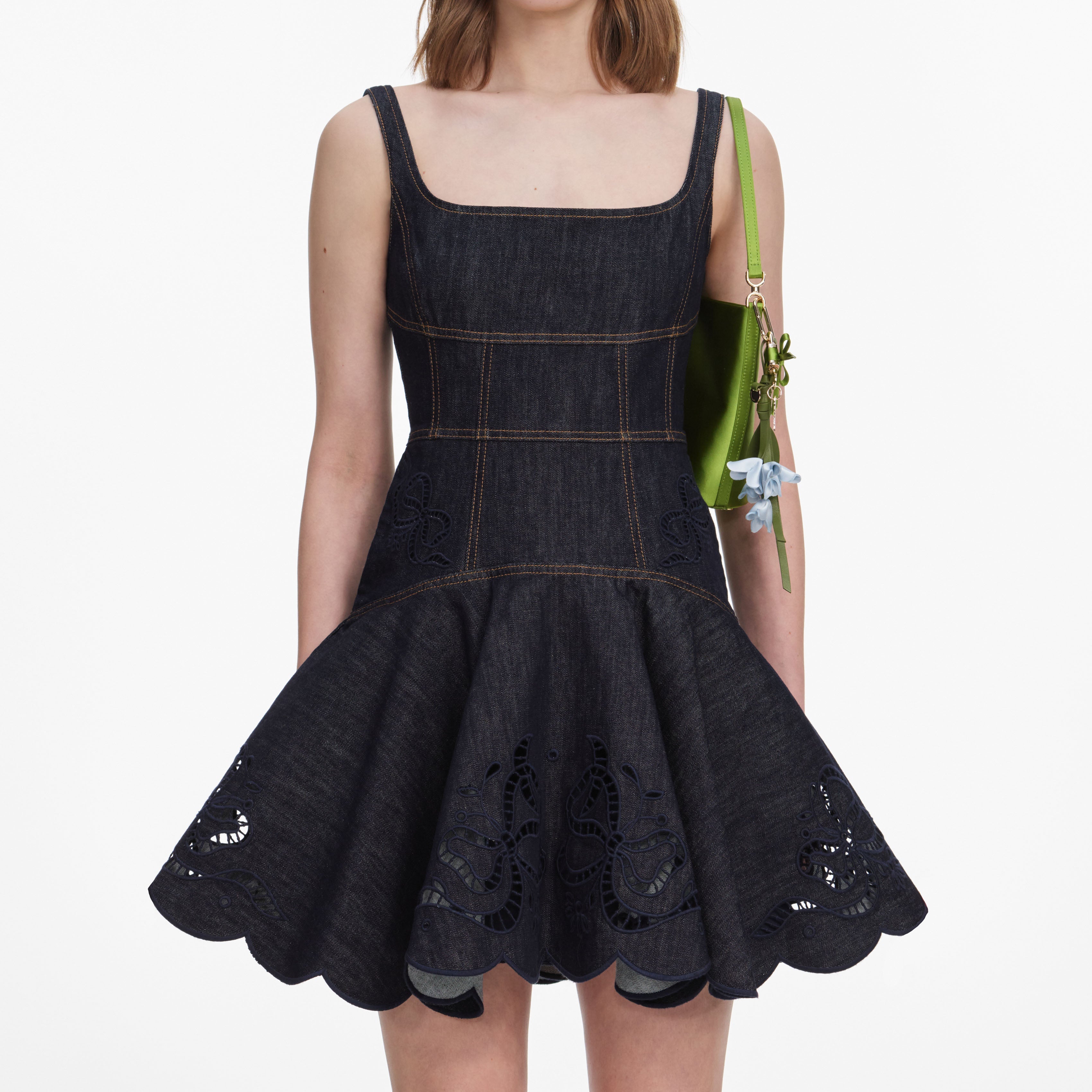 Indigo Denim Bow Embroidered Mini Dress