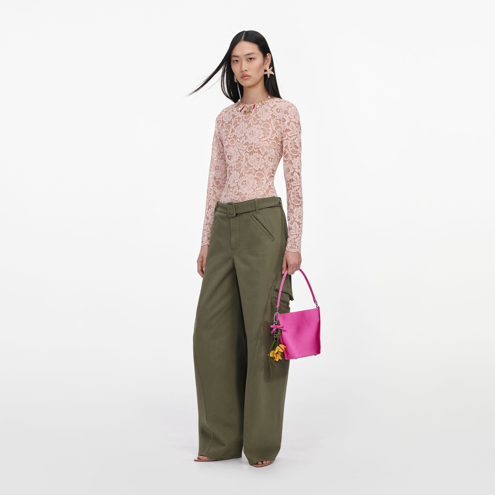 Side view of a woman wearing the Khaki Cargo Jeans