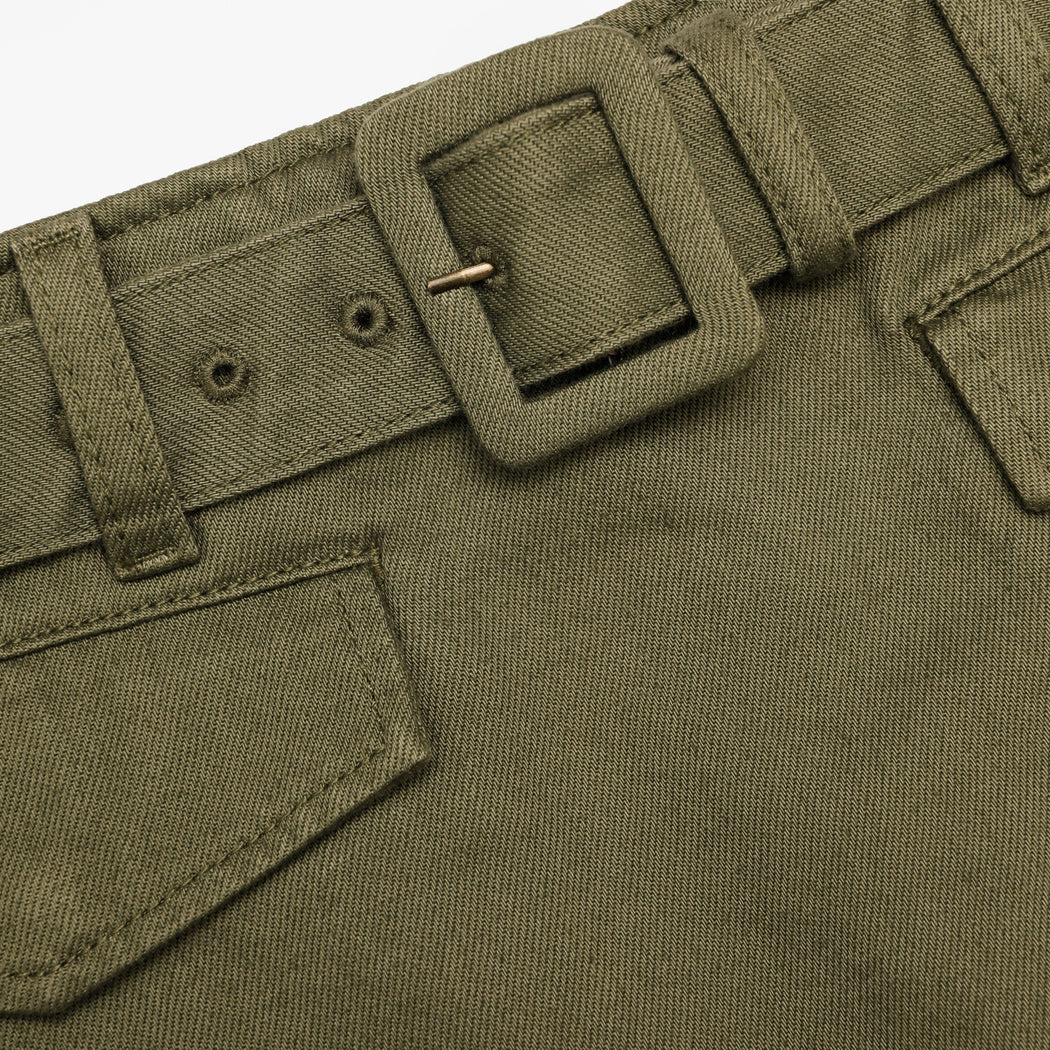 A close up of the fabric for the Khaki Denim Utility Skort