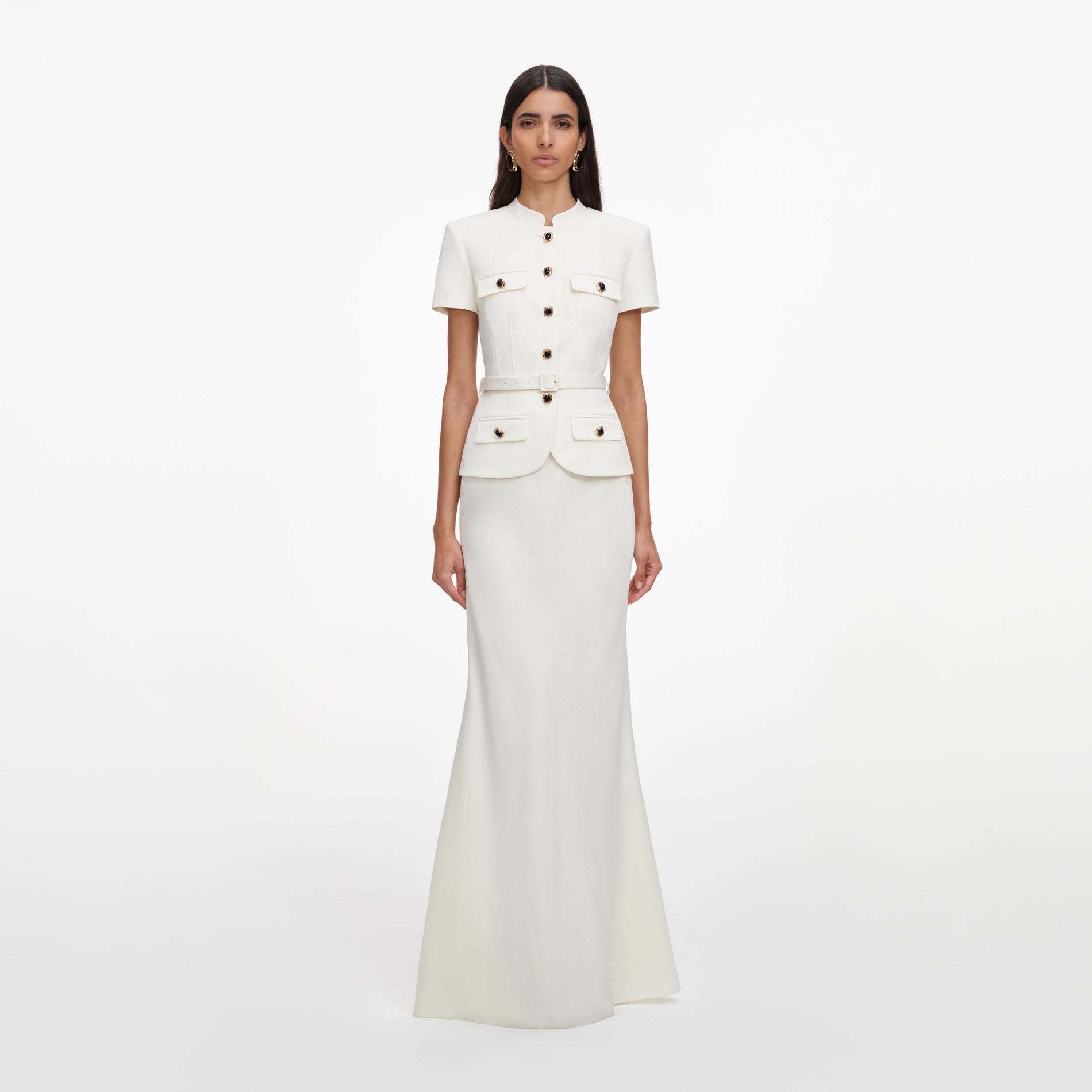 Front view of a woman wearing the Cream Linen Blend Peplum Maxi Dress