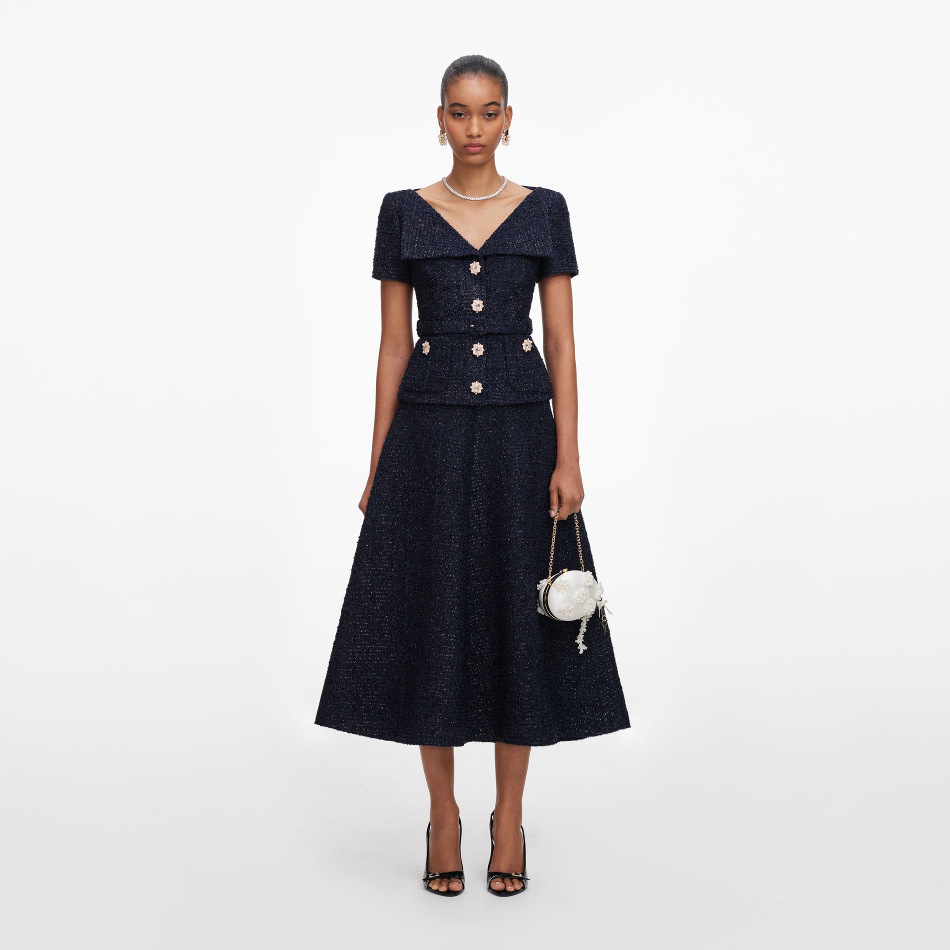 Front view of a woman wearing the Navy Boucle Tailored Midi Dress