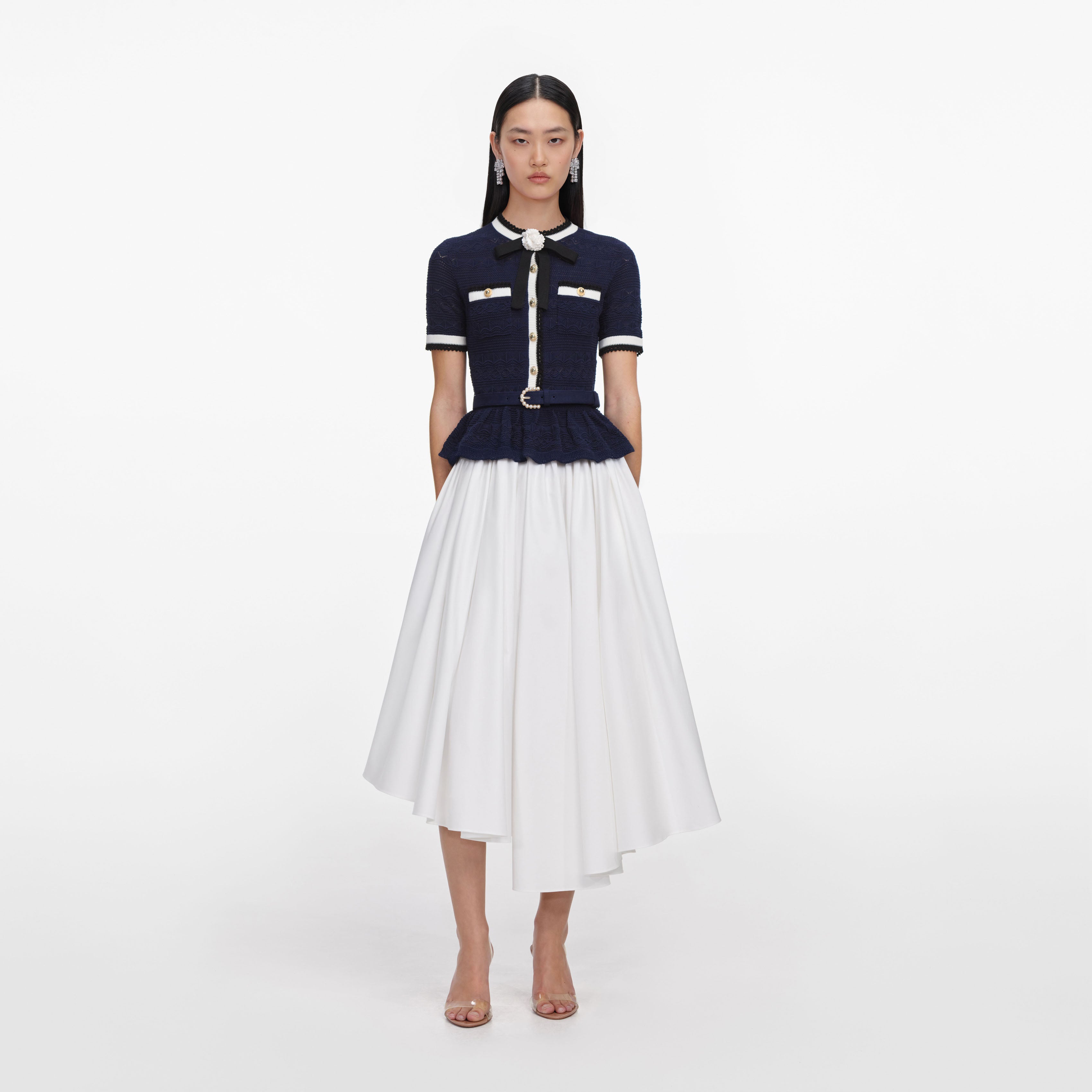Navy Peplum Pointelle Knit Top