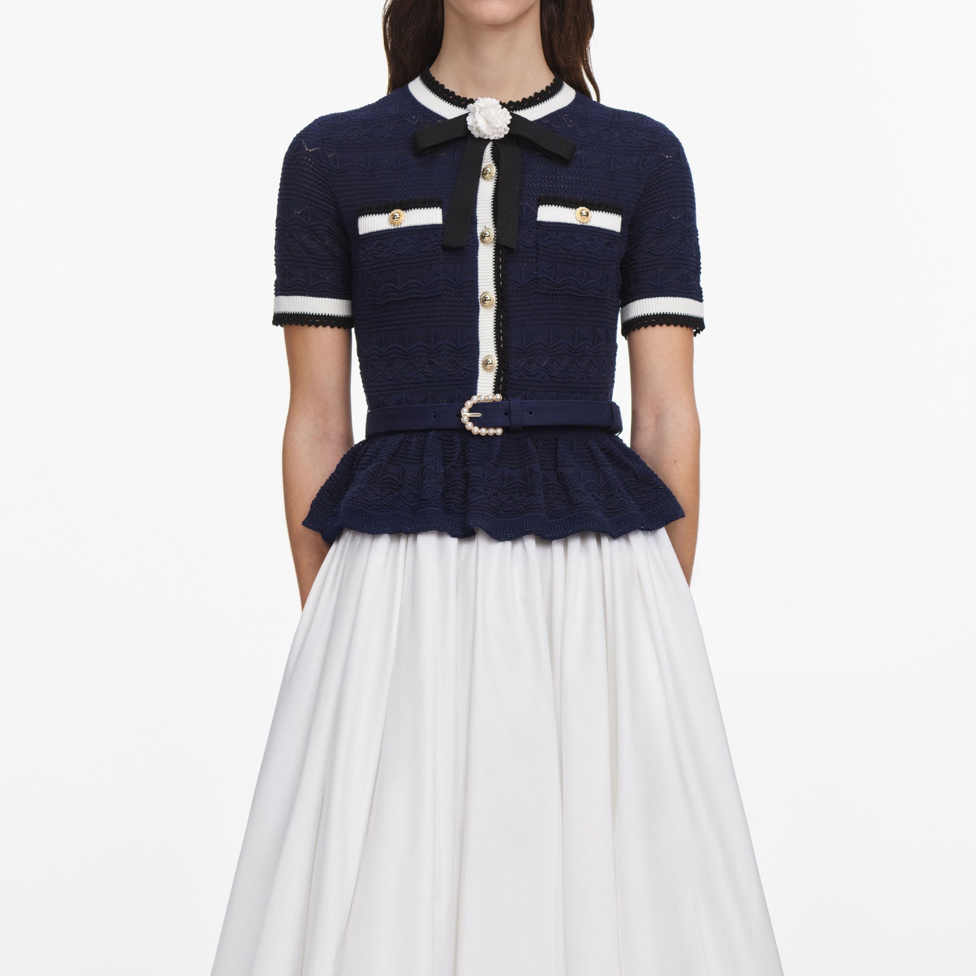 Navy Peplum Pointelle Knit Top