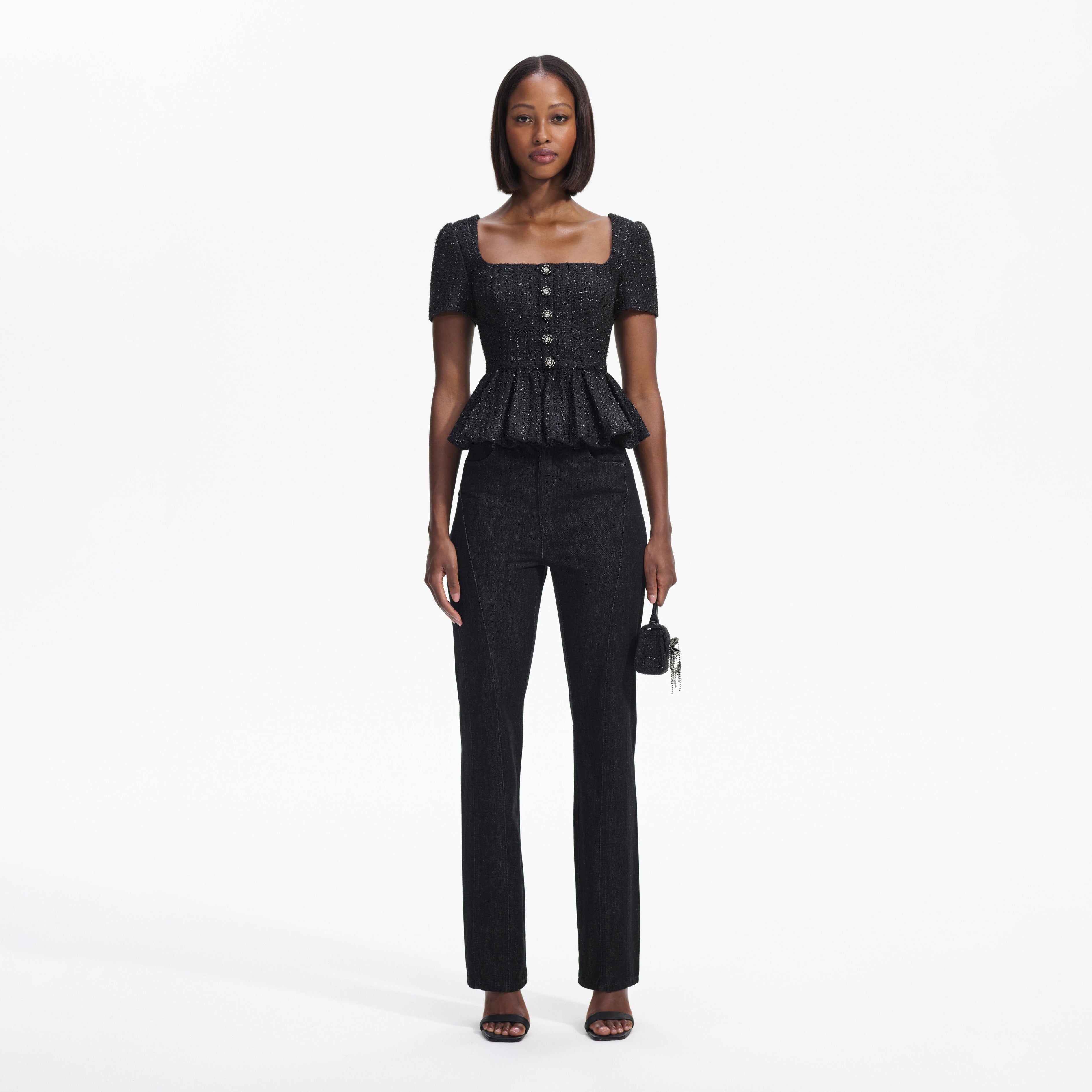 Black Boucle Peplum Top