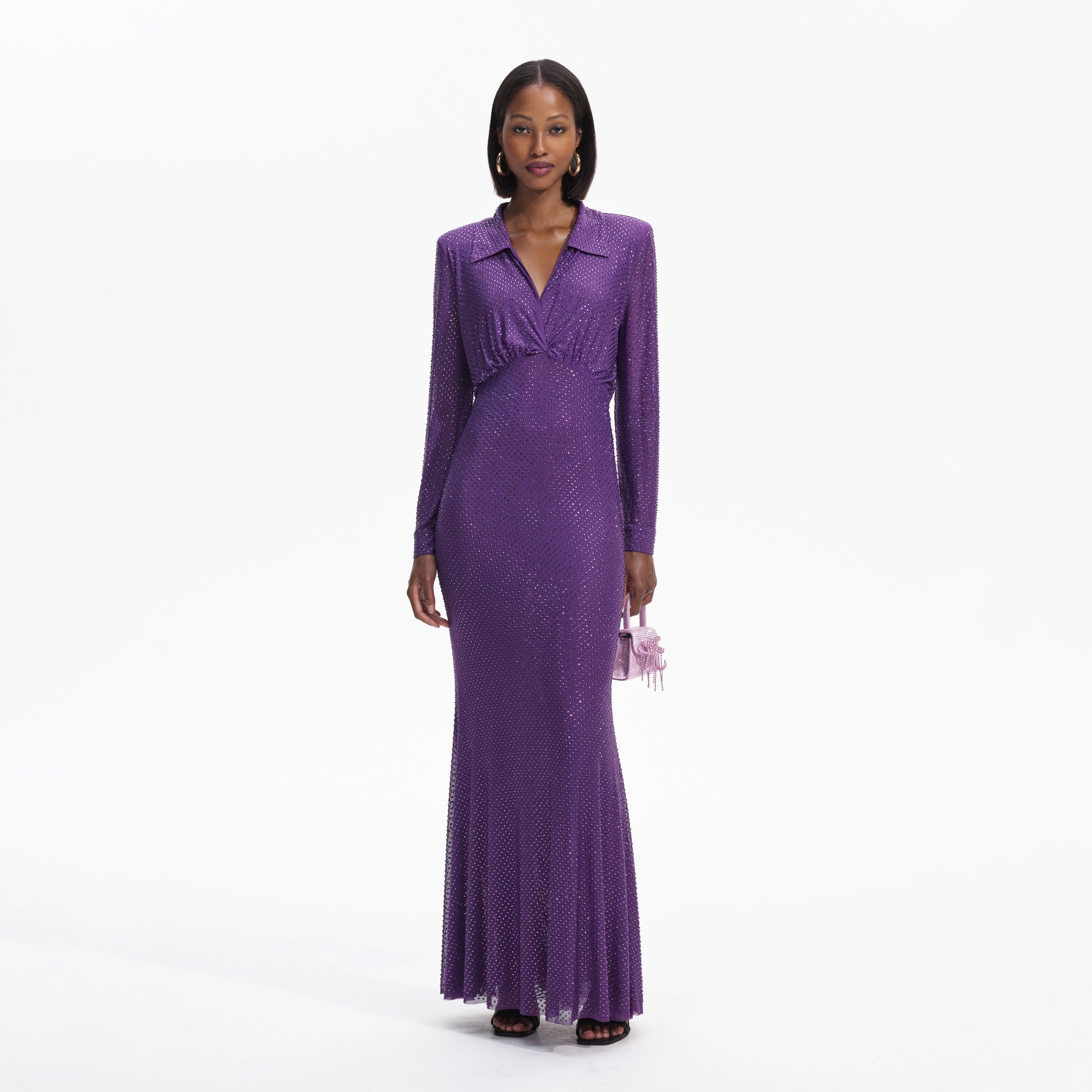 Front view of a woman wearing the Purple Rhinestone Mesh Maxi Dress