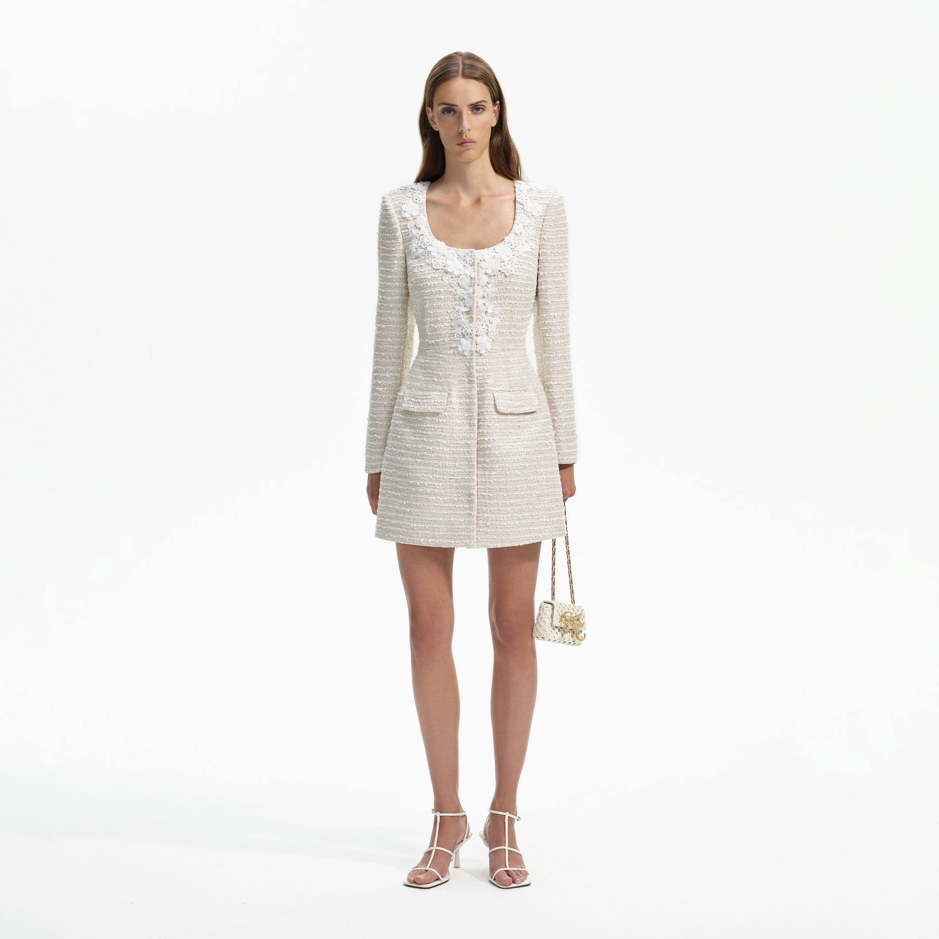 Front view of a woman wearing the Gold Boucle Floral Trim Mini Dress