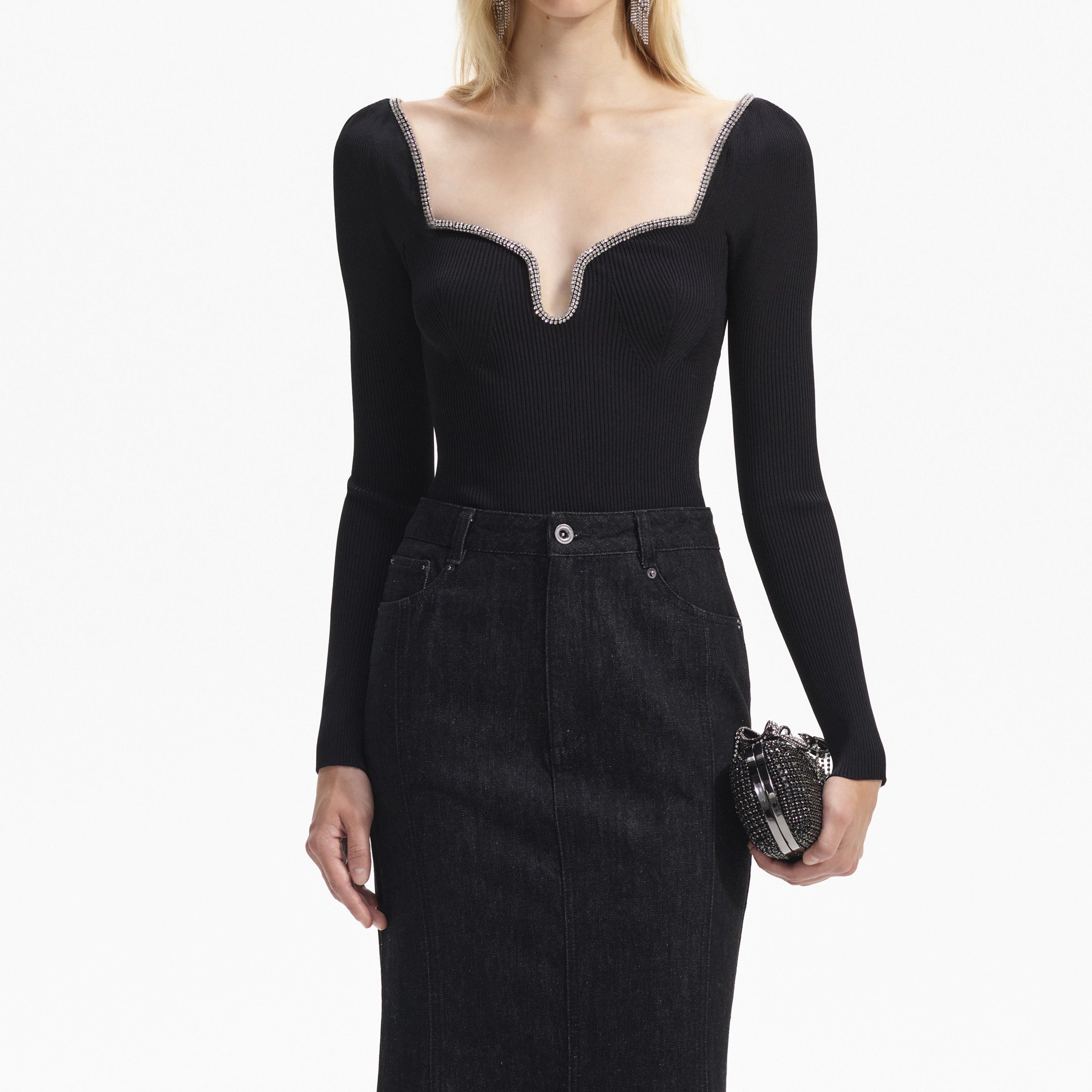 Black Denim Flared Maxi Skirt