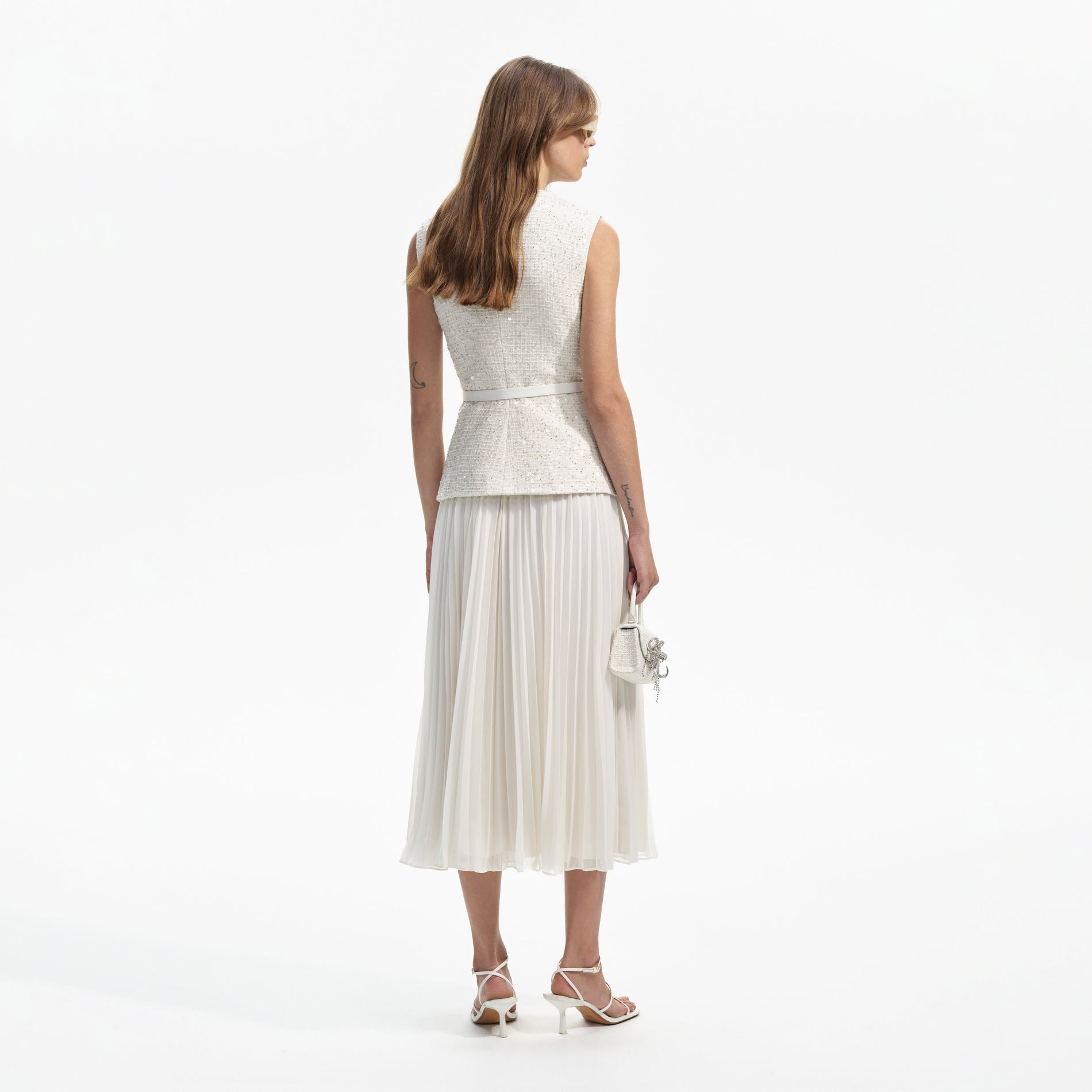 Back view of a woman wearing the Cream Sequin Boucle Tailored Midi Dress