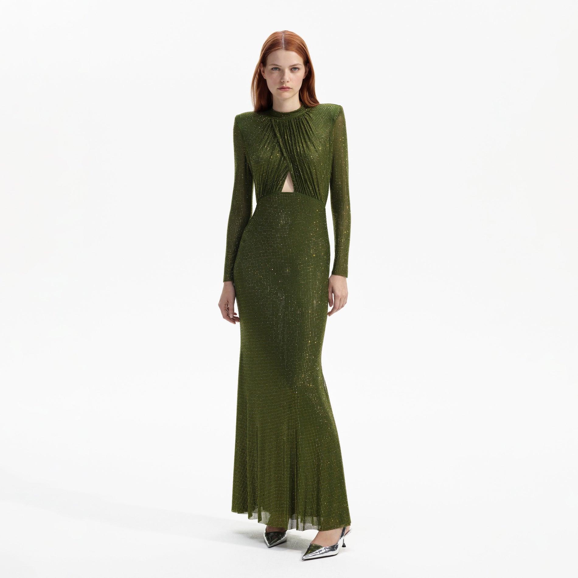 Olive Green Rhinestone Maxi Dress