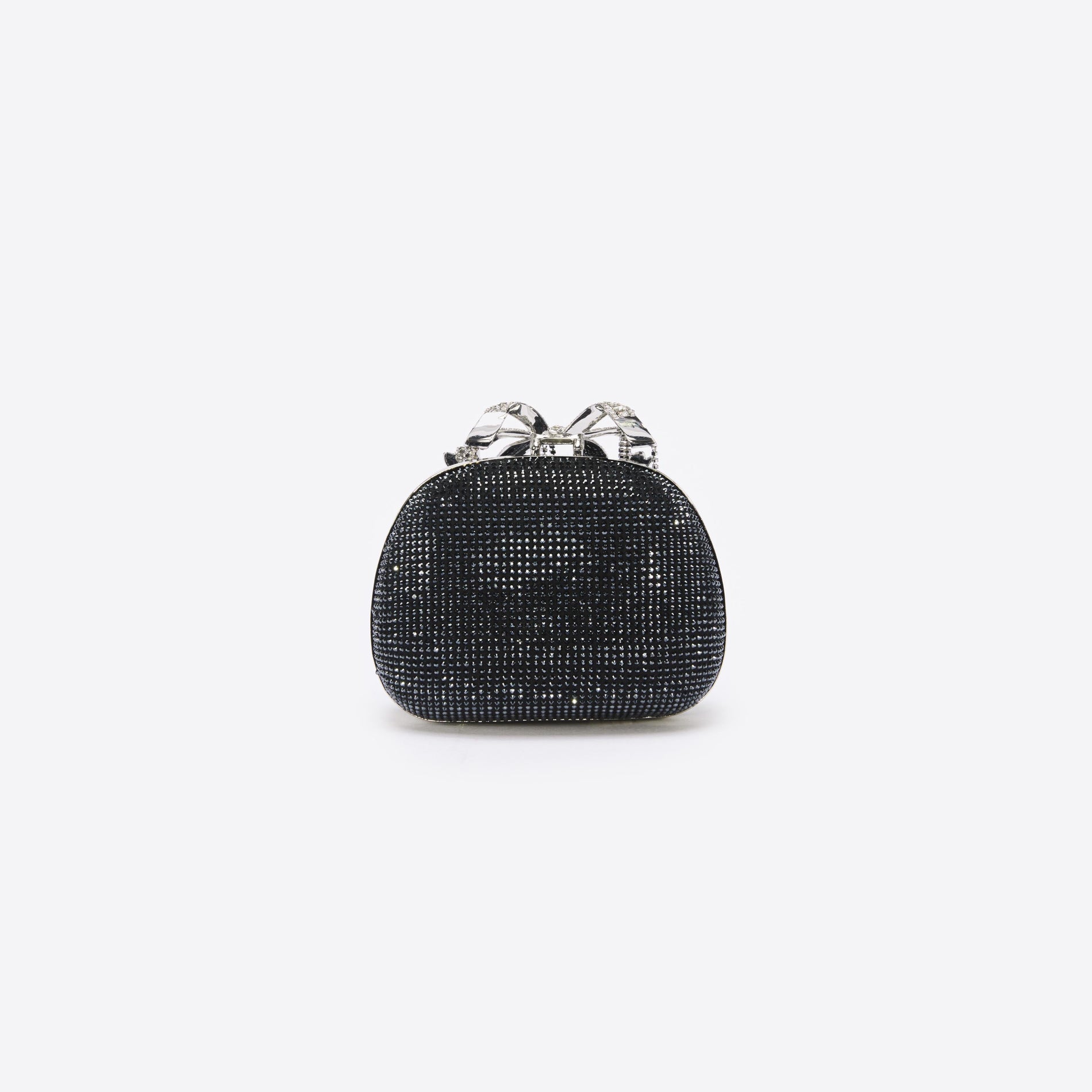 Back view of a woman wearing the Black Satin Rhinestone Clutch Bag