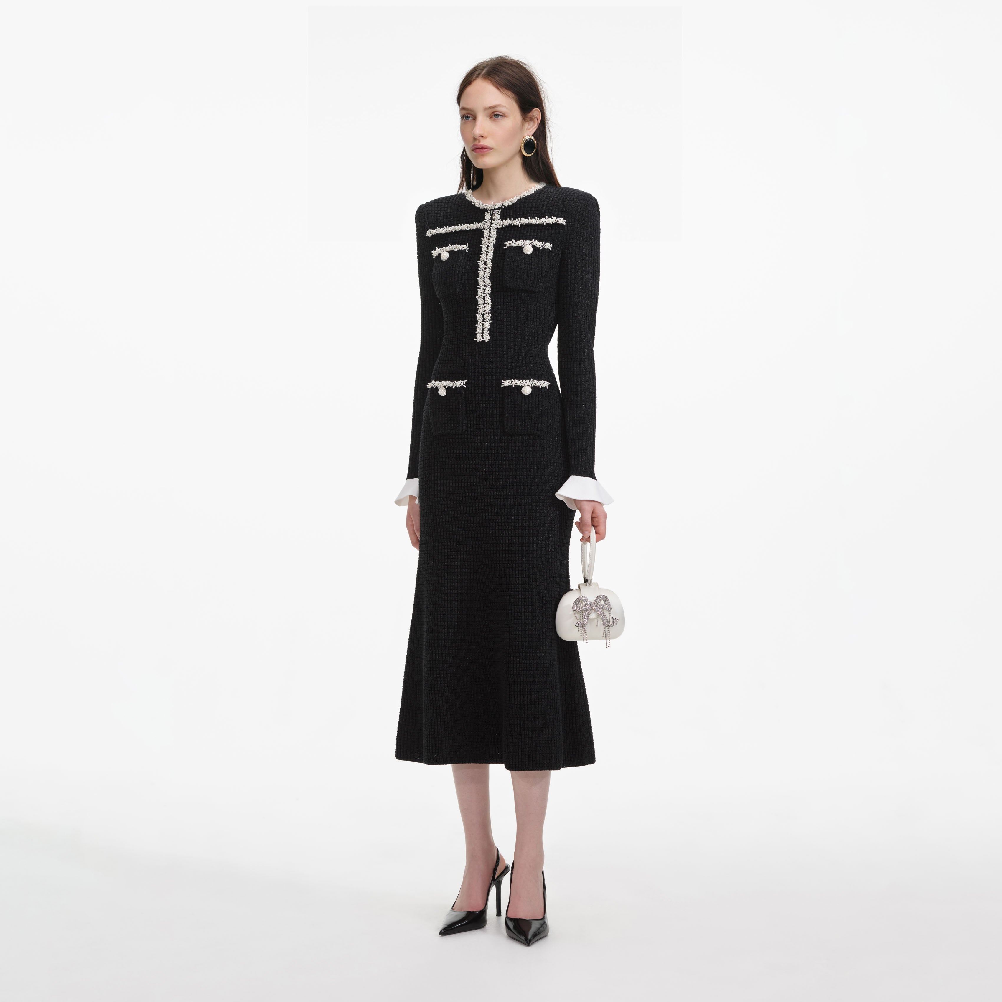 Black Pearl Trim Knit Midi Dress