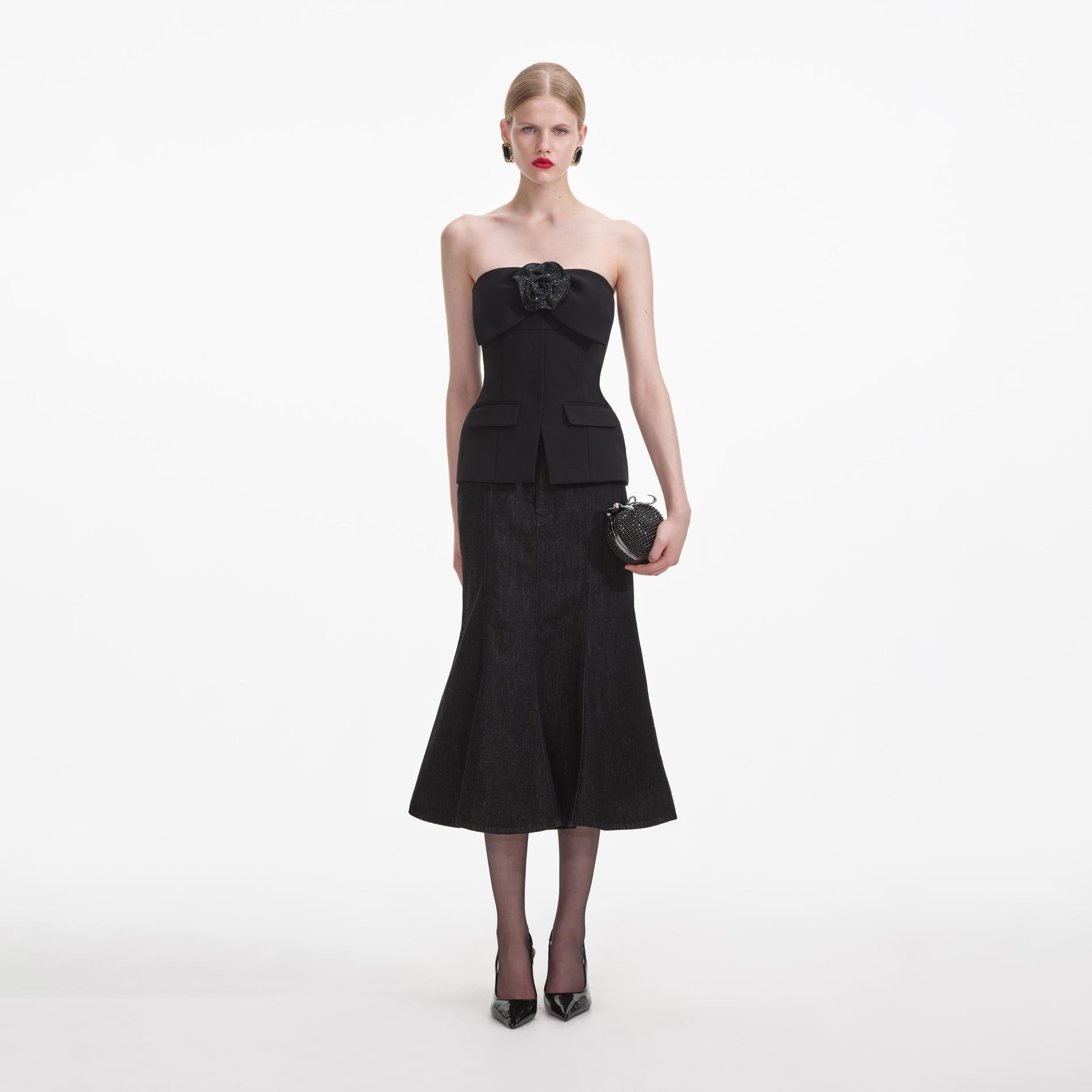 Front view of a woman wearing the Black Crepe Corsage Top