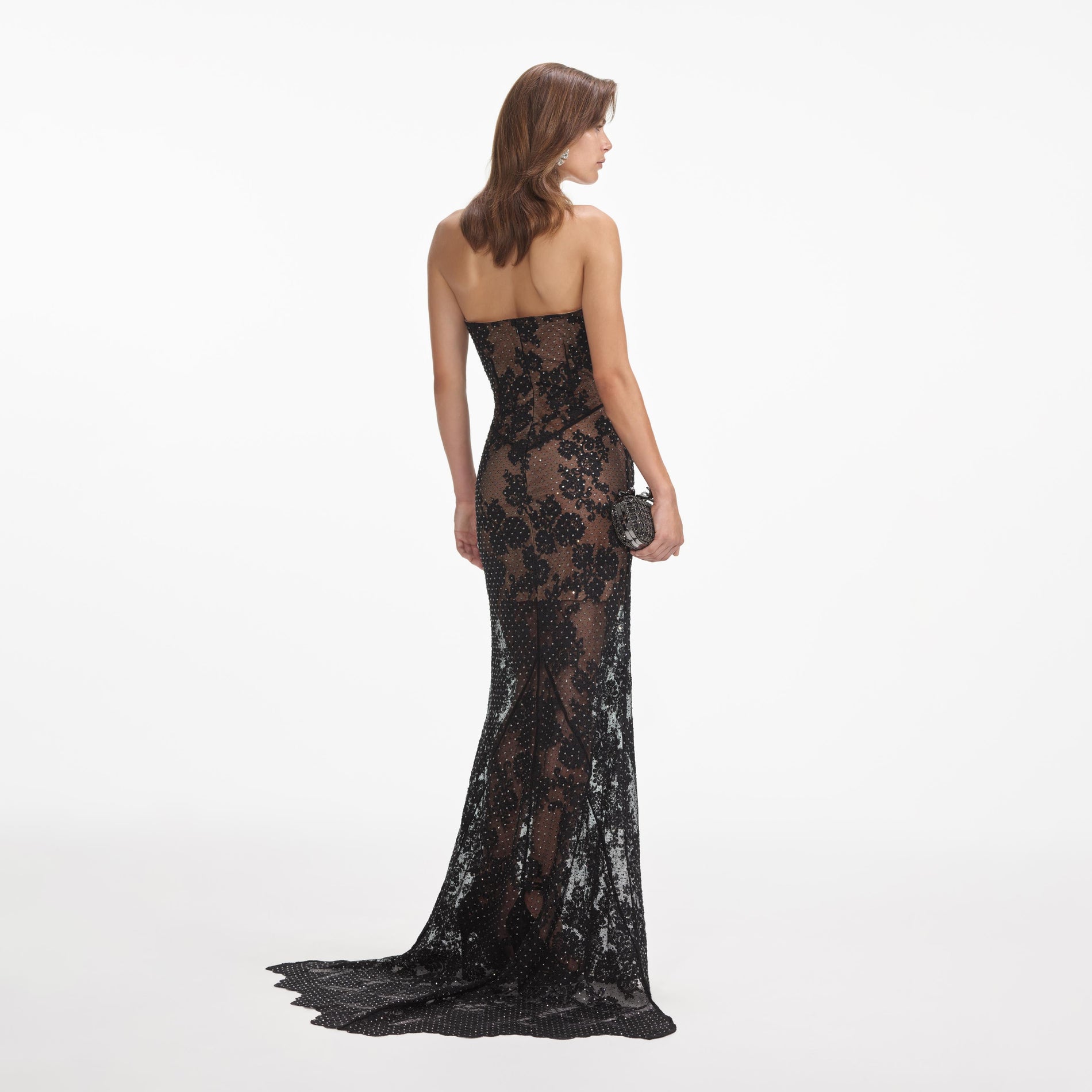 Back view of a woman wearing the Black Rhinestone Lace Maxi Dress