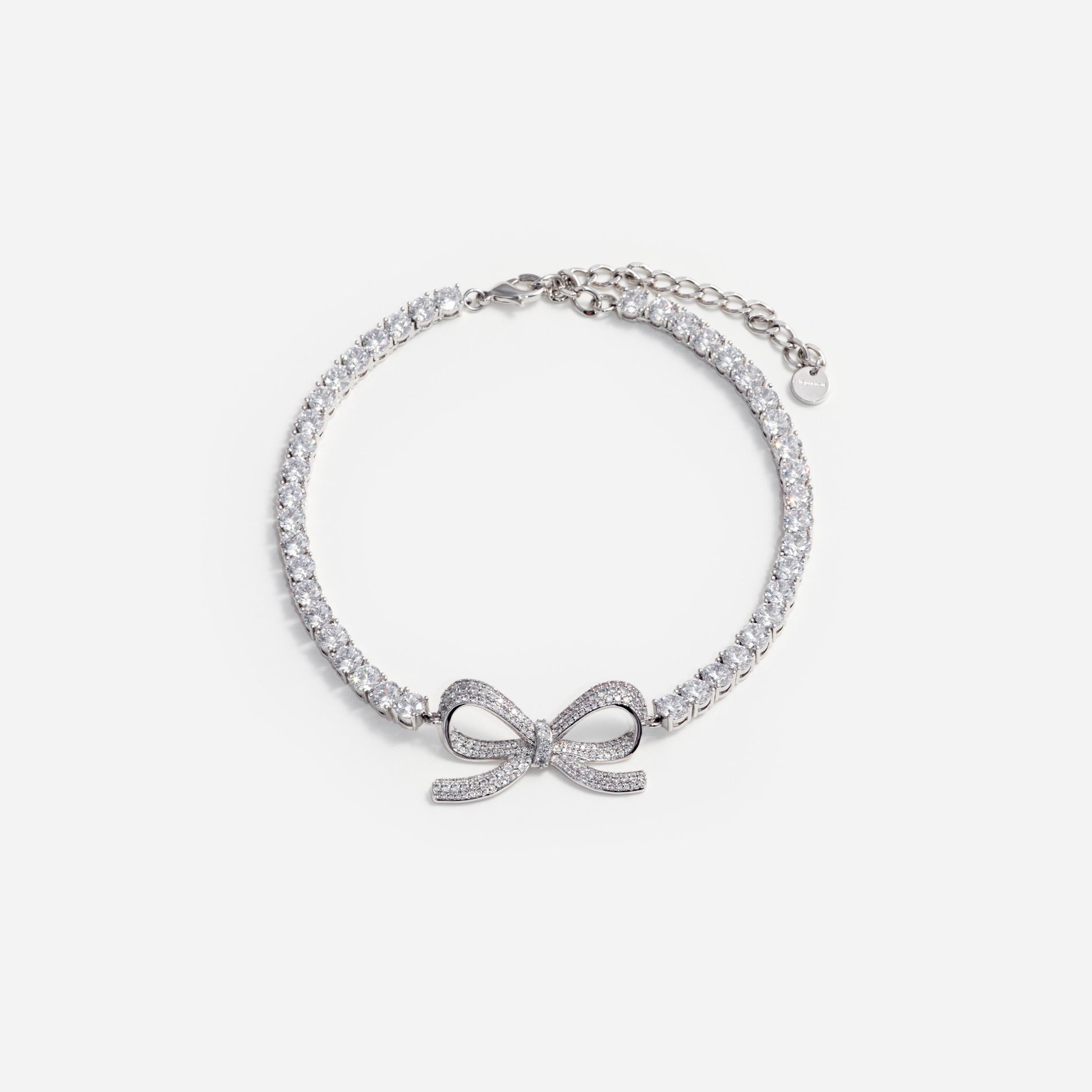 Front view of a woman wearing the Diamante Bow Tennis Choker