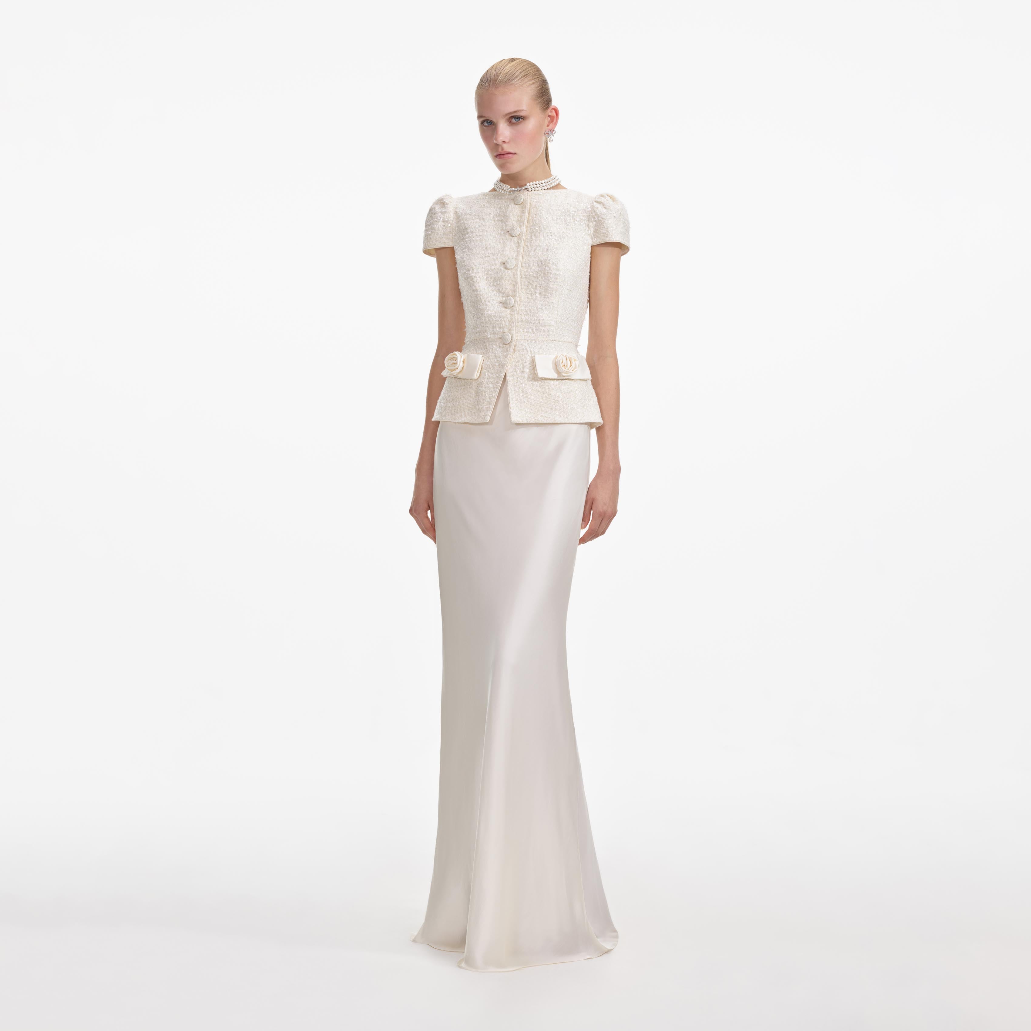 Cream Boucle Bow Detail Maxi Dress