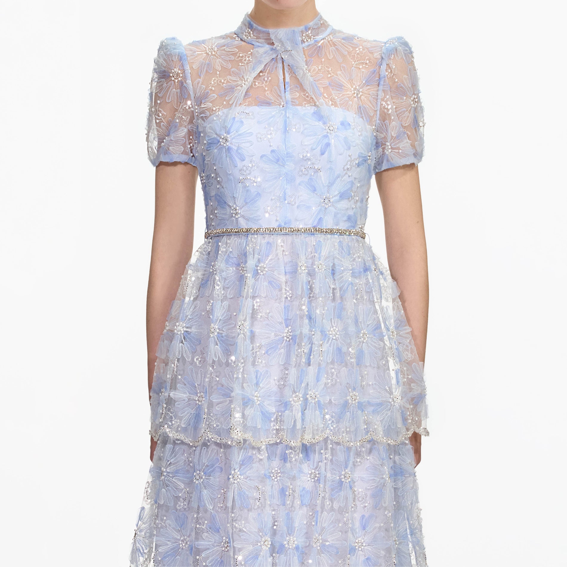 A close up of a woman wearing the Blue Beaded Sequin Lace Maxi Dress