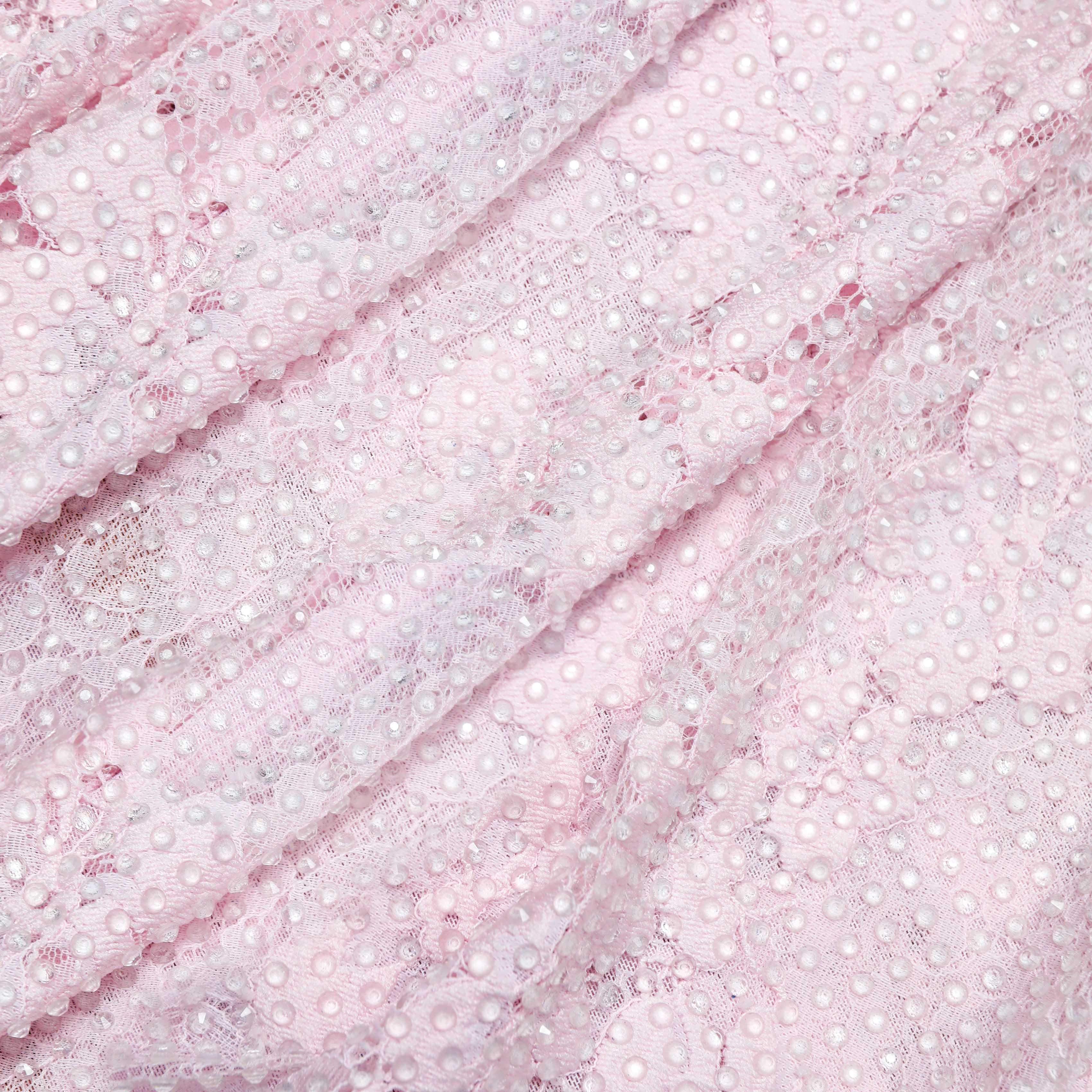 Pink Rhinestone Lace Asymmetric Midi Dress